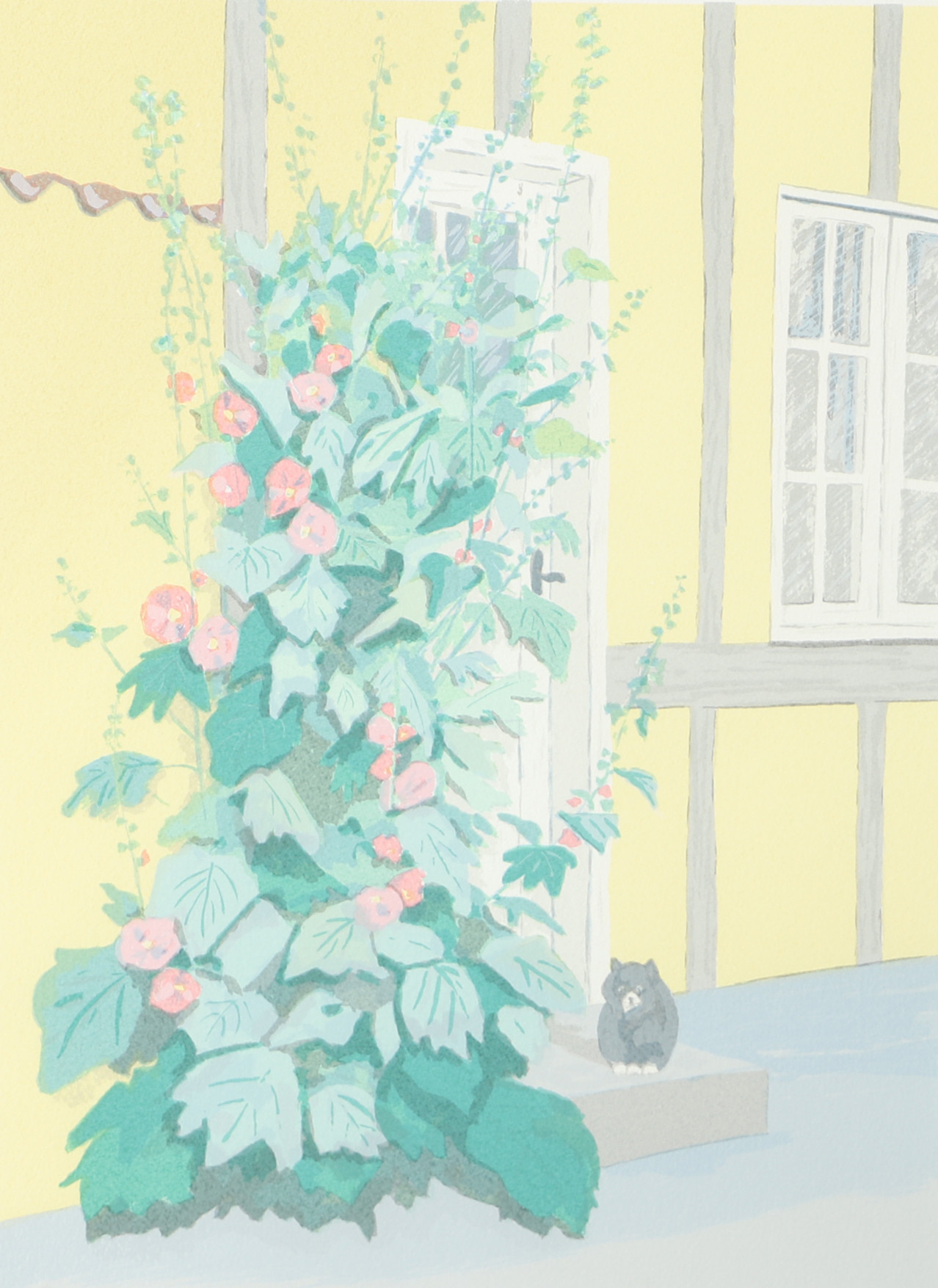 ANDREAS BJÖRKLUND. Fasad med katt och blommor, färglitografi, signerad.