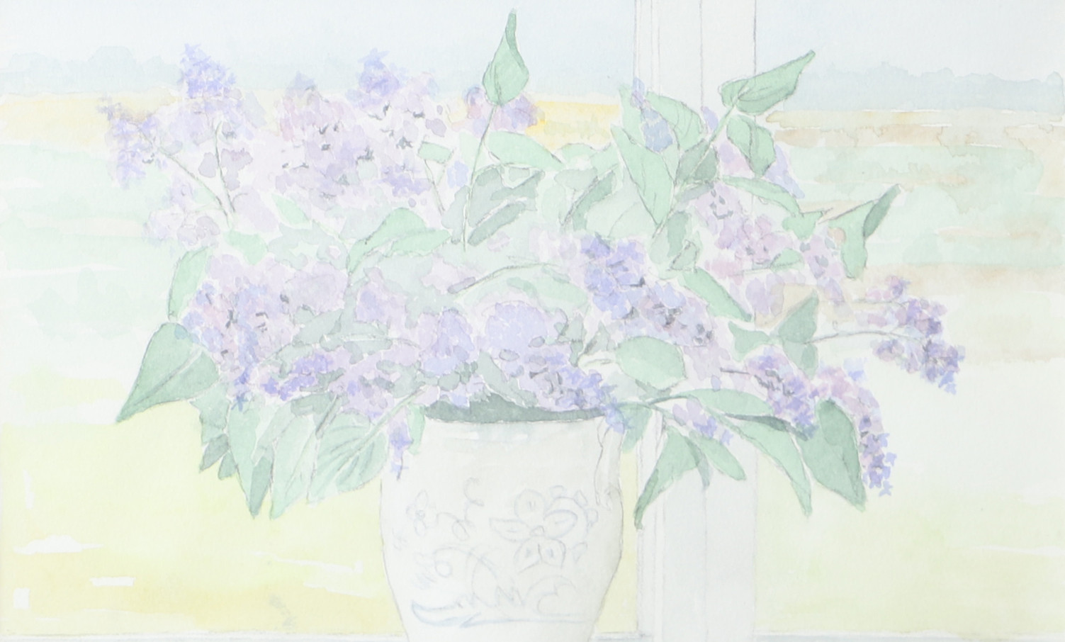 ANDREAS BJÖRKLUND. "Syrener i söderfönster", akvarell, signerad Andreas -91.