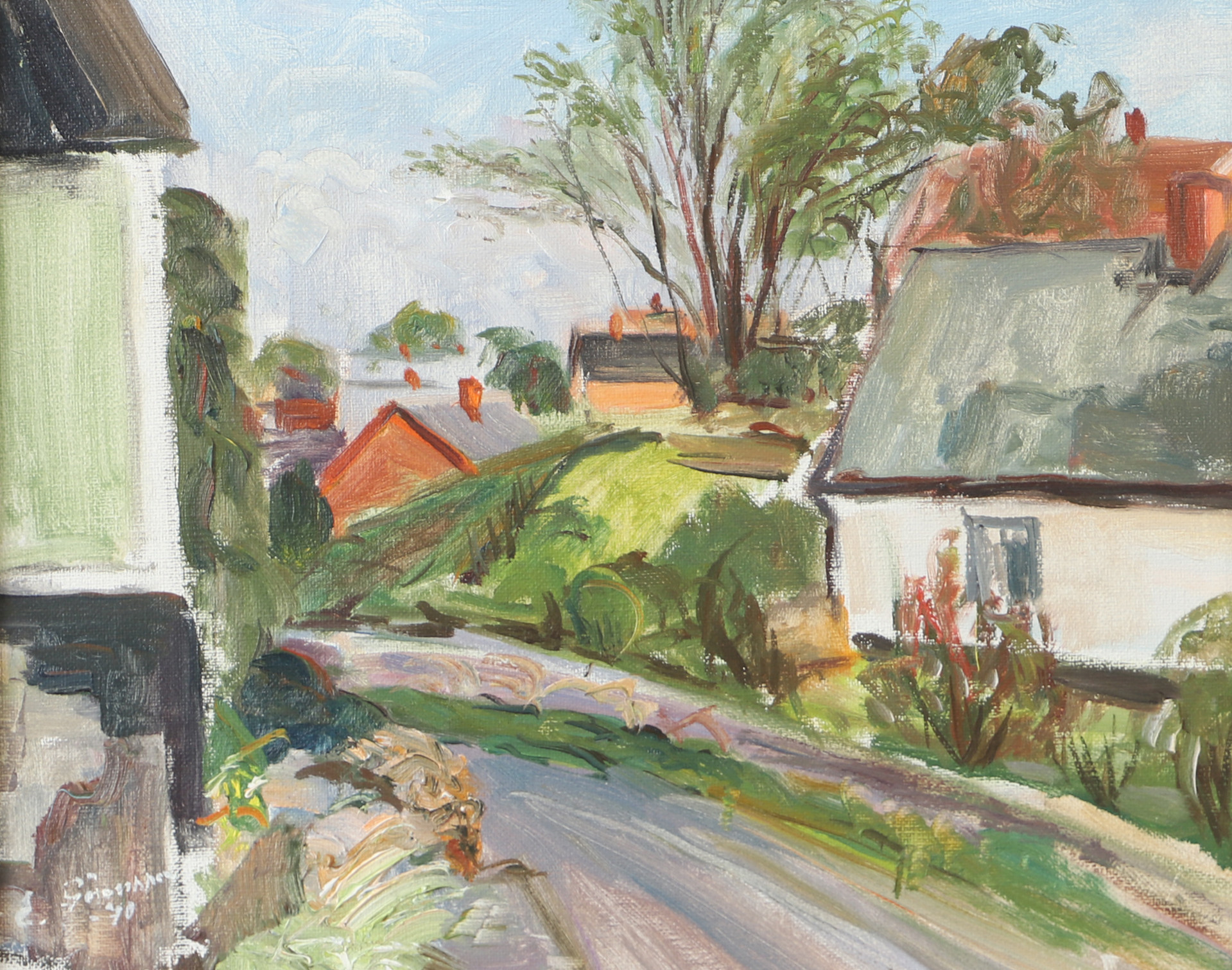 OIDENTIFIERAD KONSTNÄR. Bygata, olja på duk, otydligt signerad.