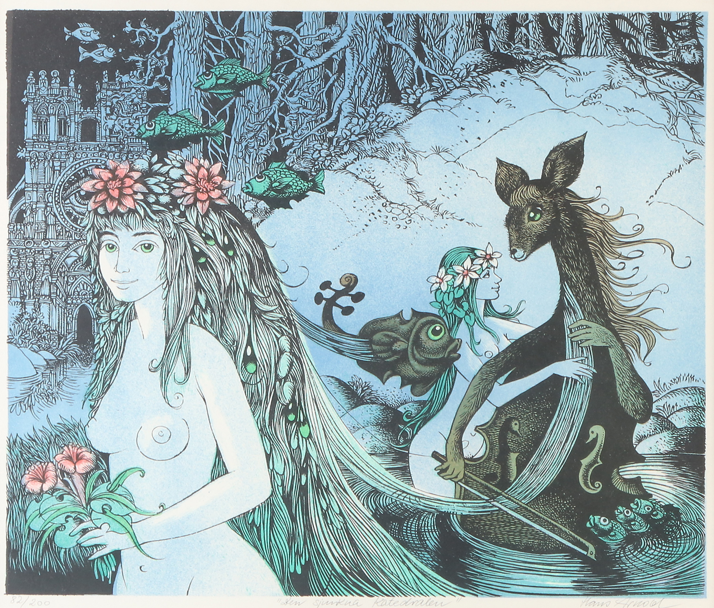 HANS ARNOLD. Litografi, 82/200. "Den sjunkna katedralen". Signerad.