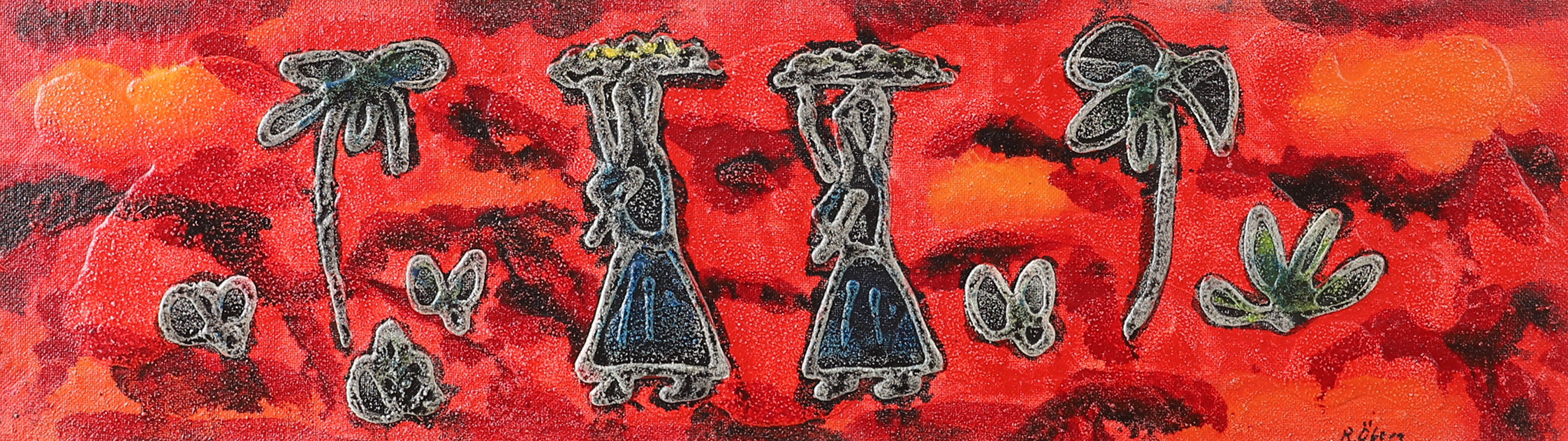 OIDENTIFIERAD KONSTNÄR. Landskap med kvinnor, blandteknik, signerad R. Öberg.