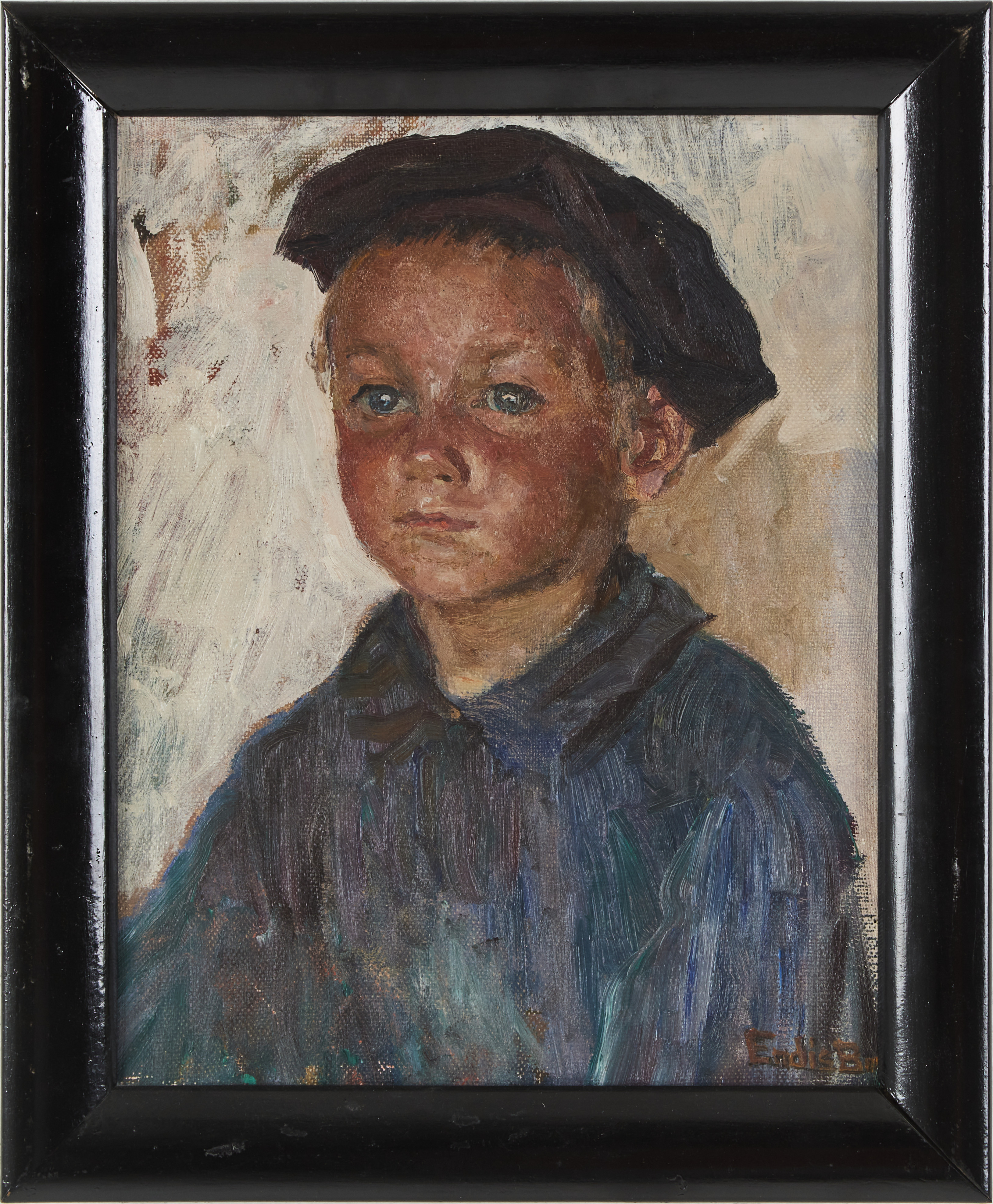 ENDIS BERGSTRÖM (1866-1950). Porträtt av ung pojke i skjorta, olja på duk, signerad Endis Bm.