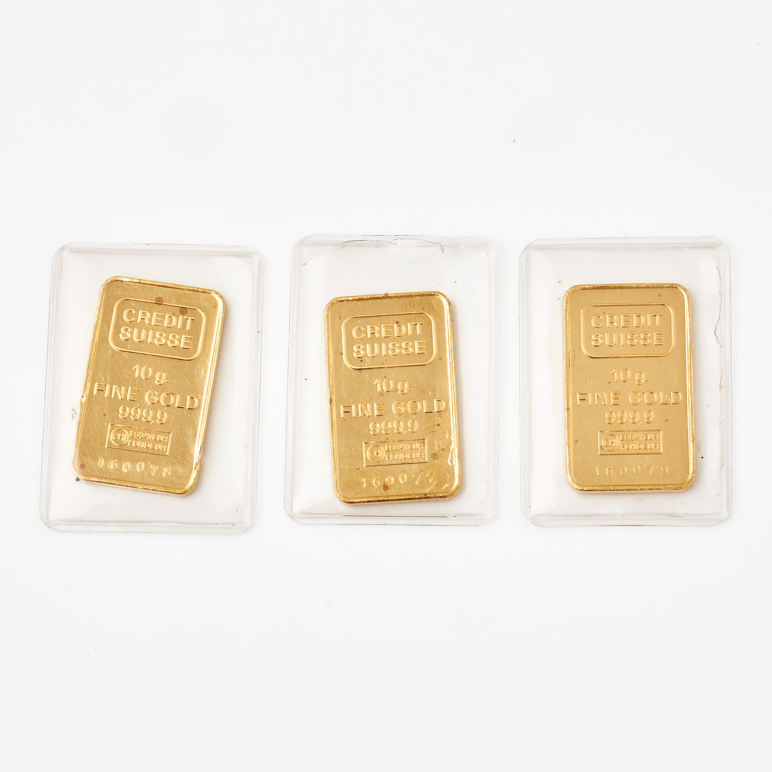 GULDTACKOR, tre stycken, 999.9/23K guld, Credit Suisse.