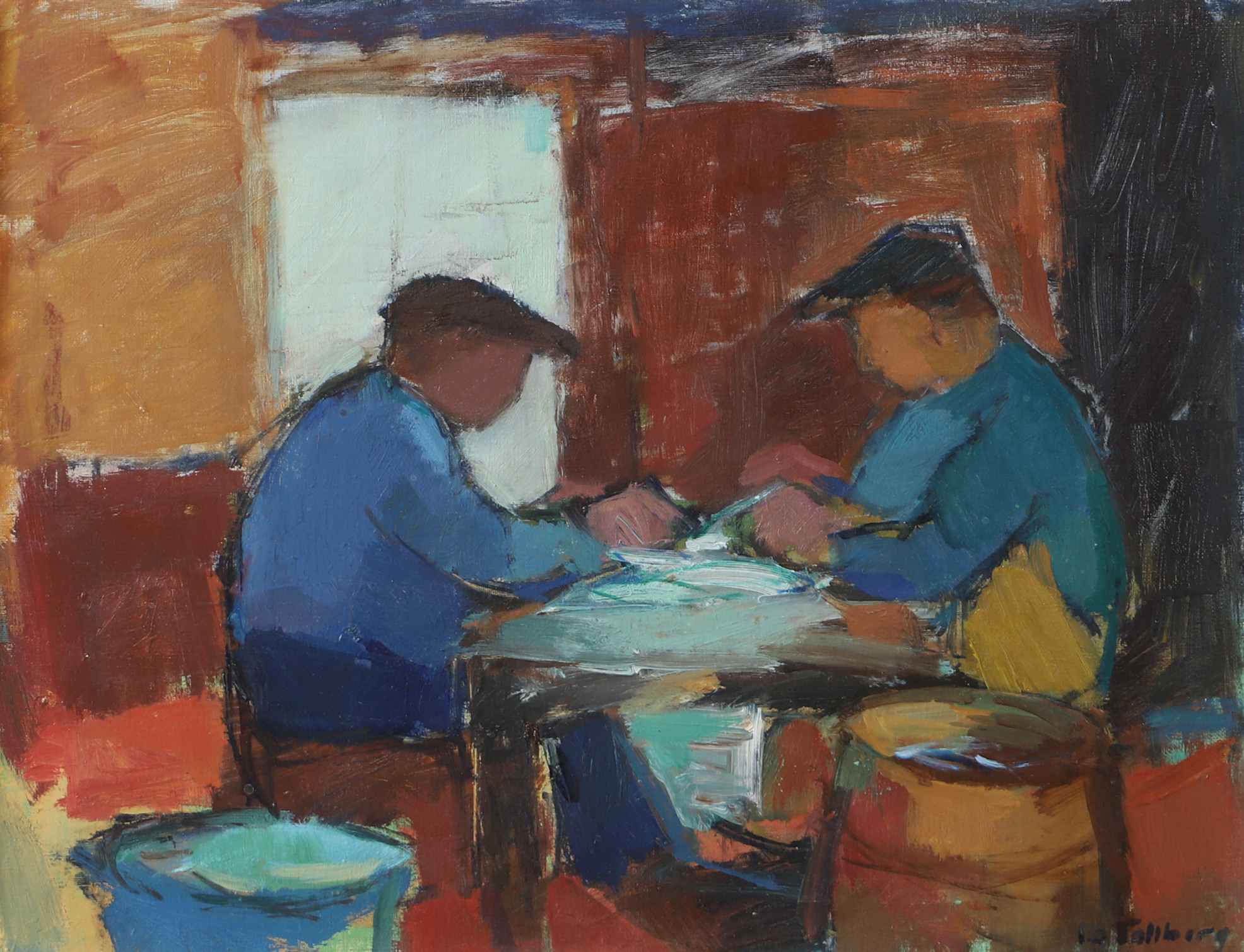 IB TOLLBERG. Fiskresning, olja på duk, signerad.