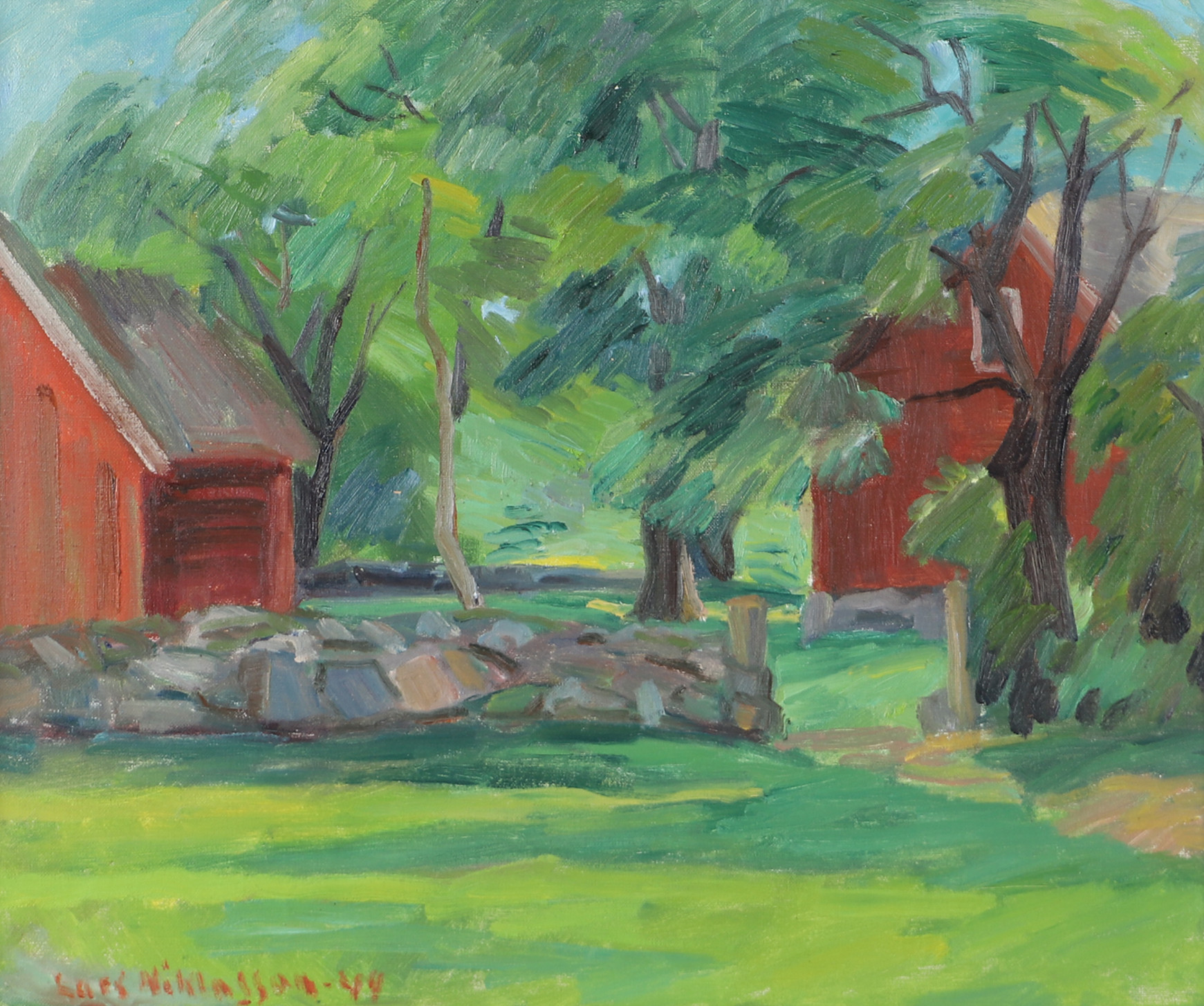 LARS NIKLASSON. Skogsparti med hus, olja på duk, signerad -44.
