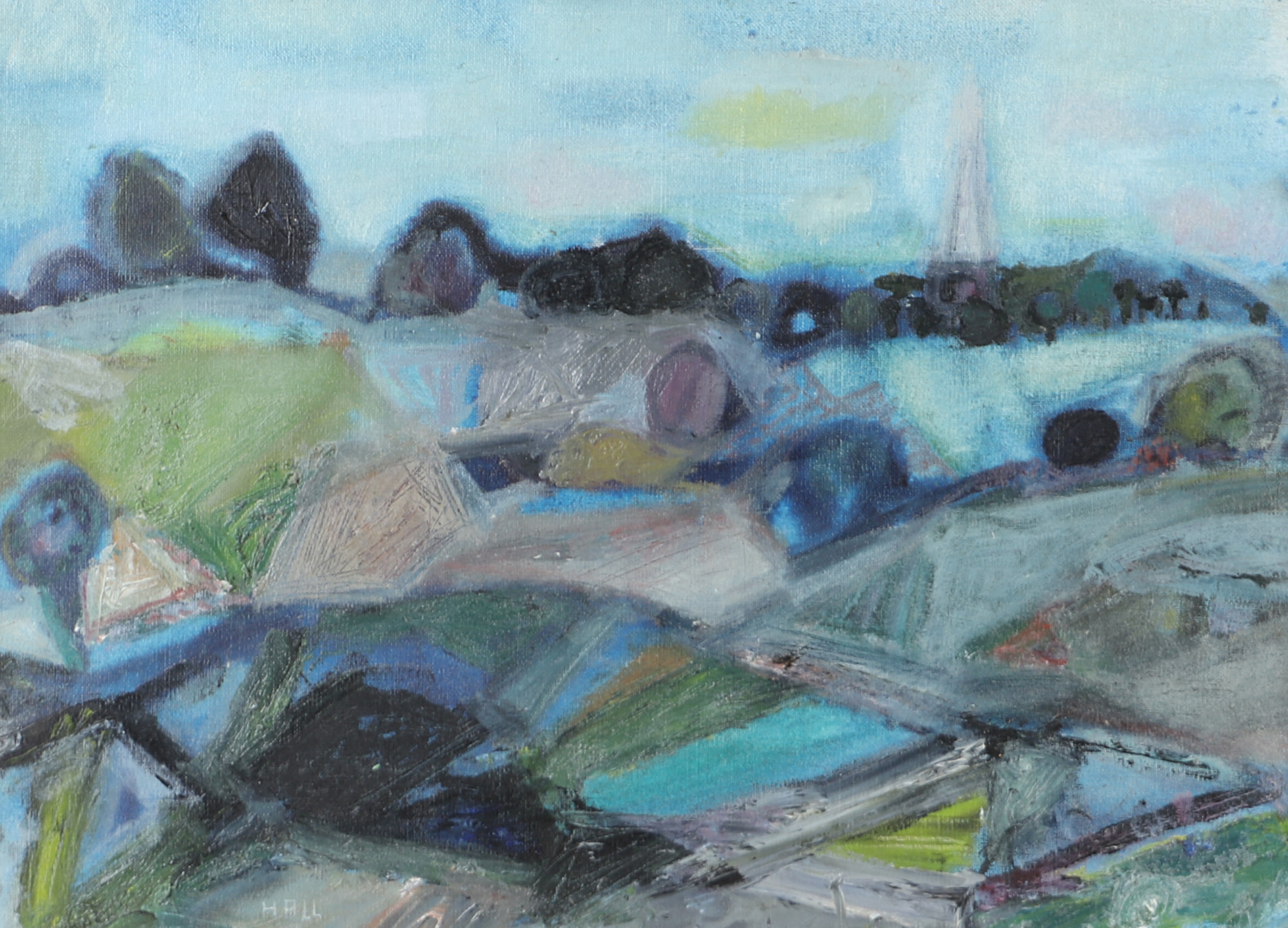 OIDENTIFIERAD KONSTNÄR. Landskap i blått, olja på duk, signerad Hall.