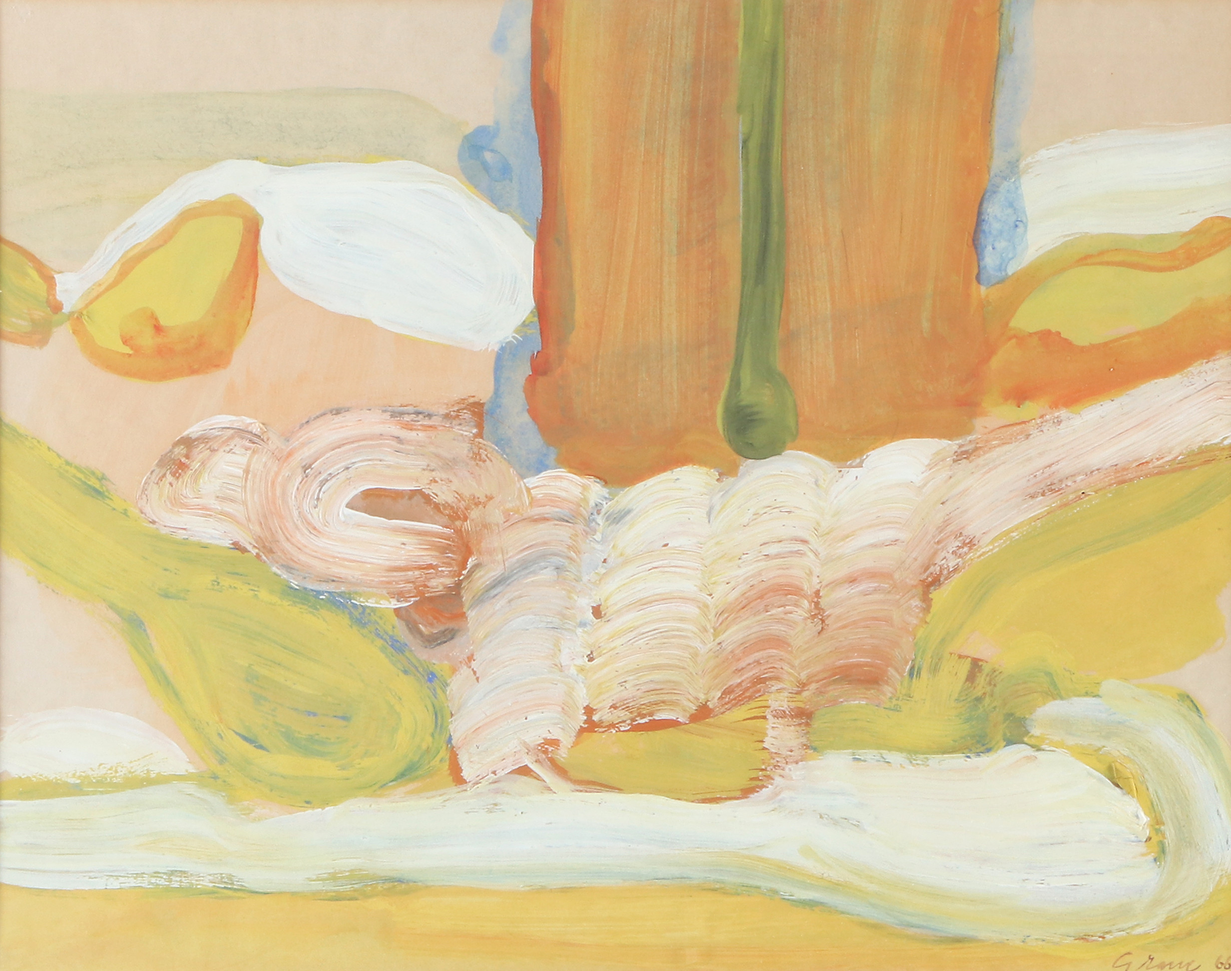 KNUT GRANE. Blandteknik, akryl och gouache. "Landskapets förvandling". Signerad och daterad 66.