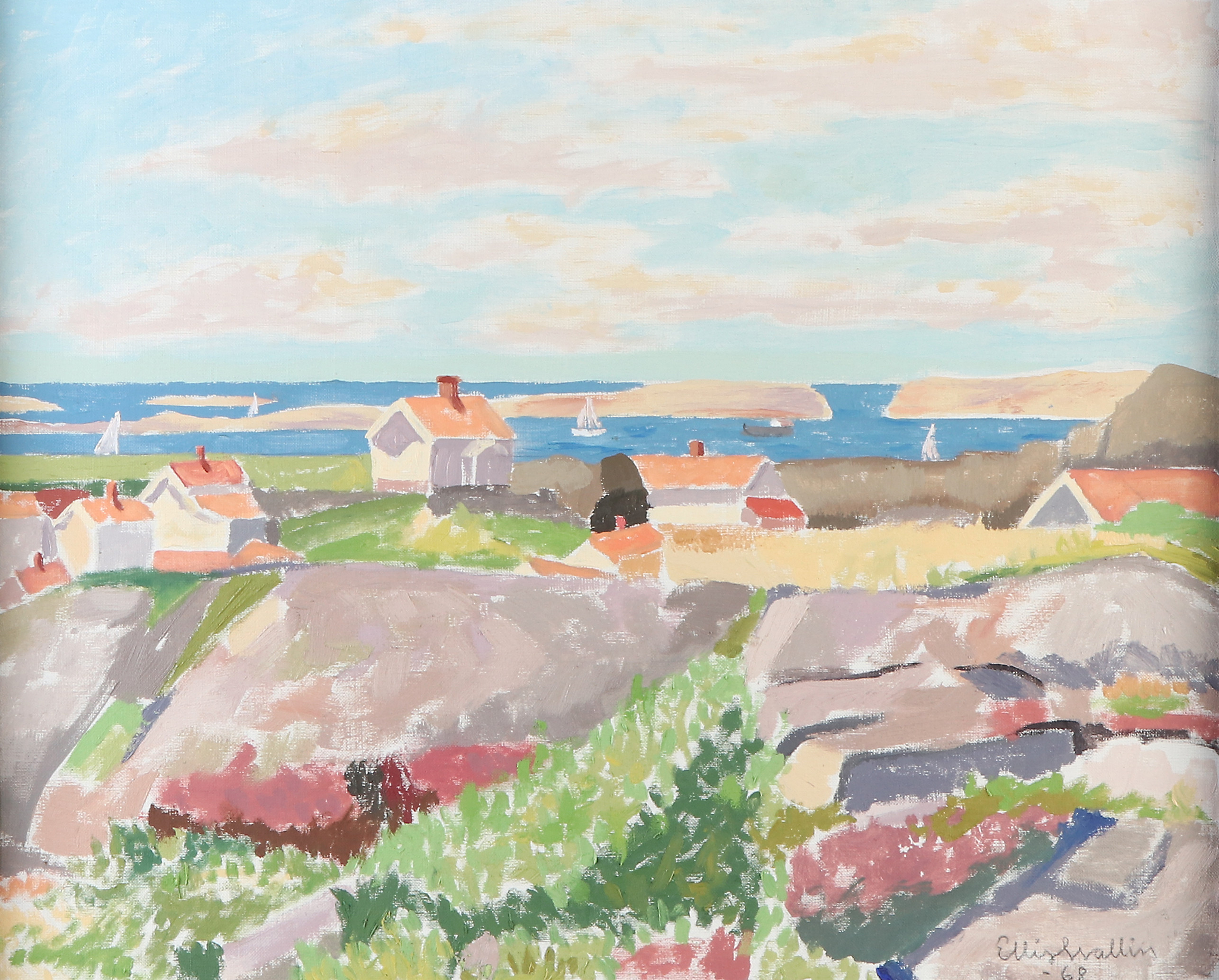 ELLIS WALLIN. Oljemålning på duk. Skärgårdsmortiv. Signerad och daterad -68.