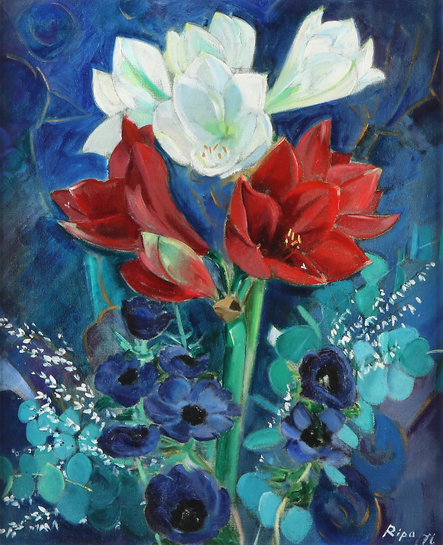 HANS RIPA. Oljemålning på duk. Stilleben med blombukett. Signerad.