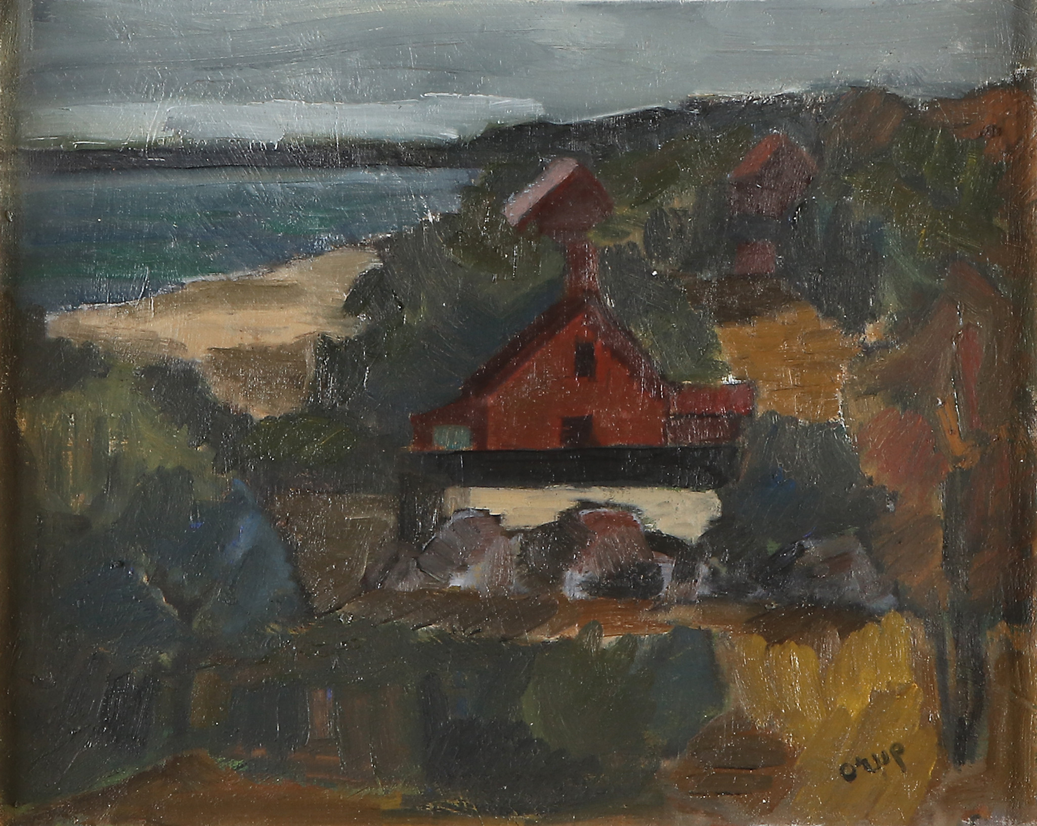 BENGT ORUP. Oljemålning på duk. "Kattvik (Hovshallar)", hus vid kust. Signerad.