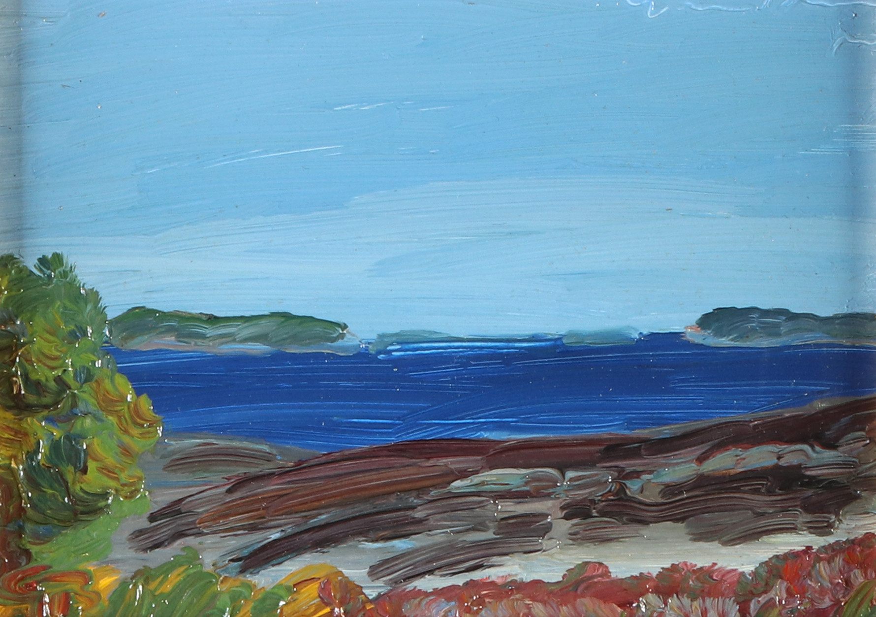 GÖRAN BRUNIUS. Oljemålning på pannå. Kustalandskap. Signerad GB.