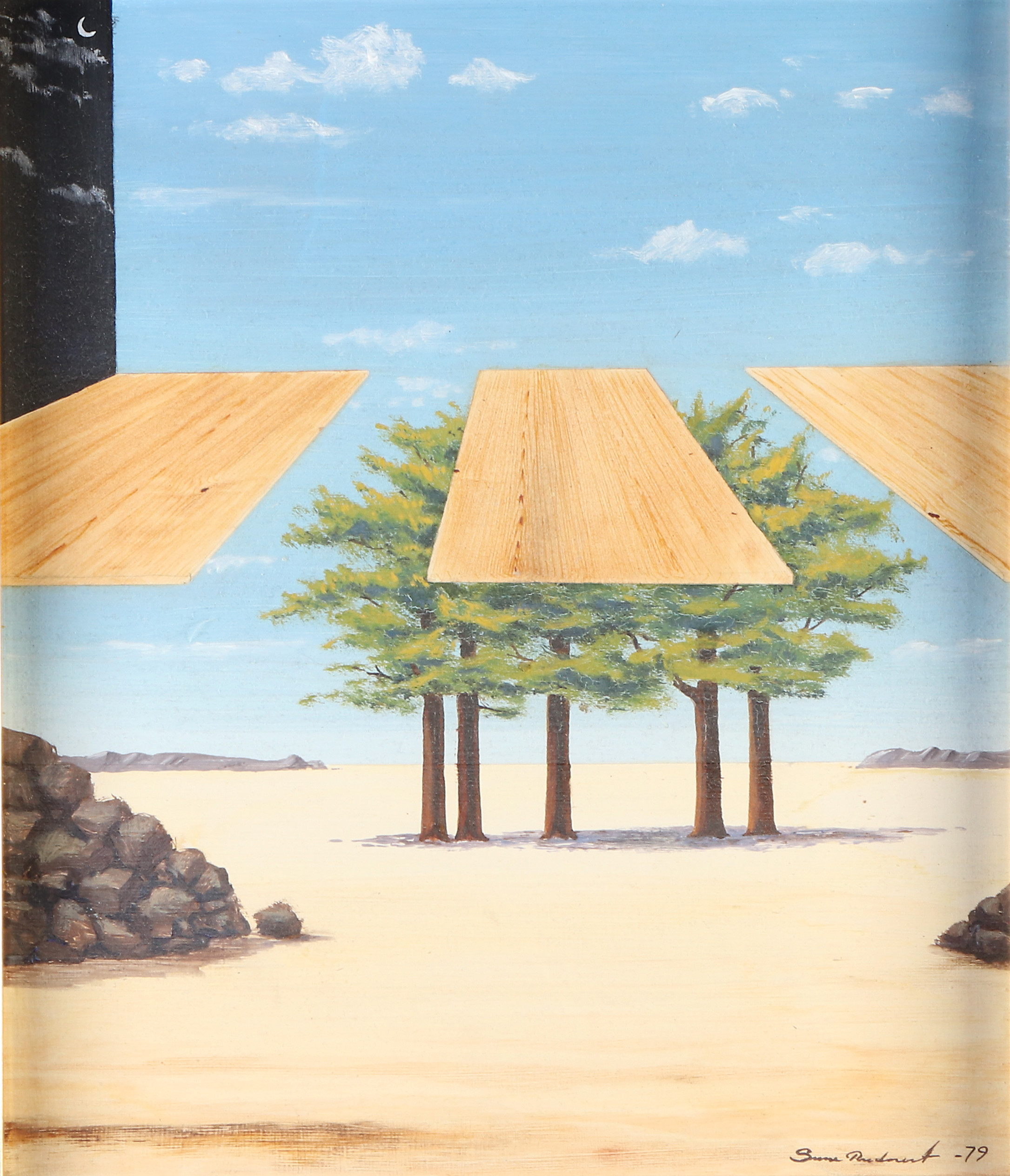 SUNE RUDNERT. Oljemålning på pannå. Surrealistiskt landskap. Signerad och daterad -79.