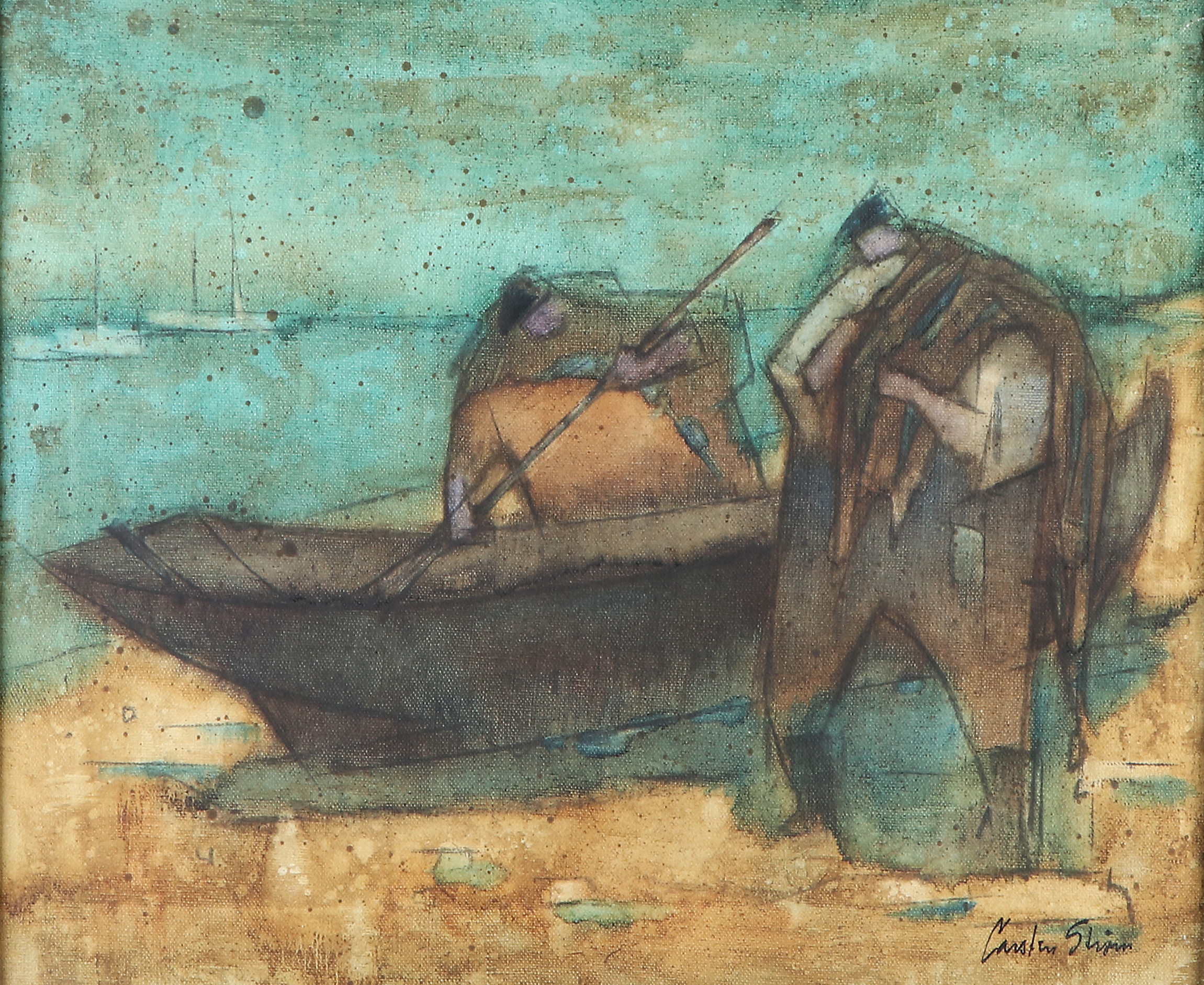 CARSTEN STRÖM. Oljemålning på duk. "Fiskare på Österlen". Signerad.