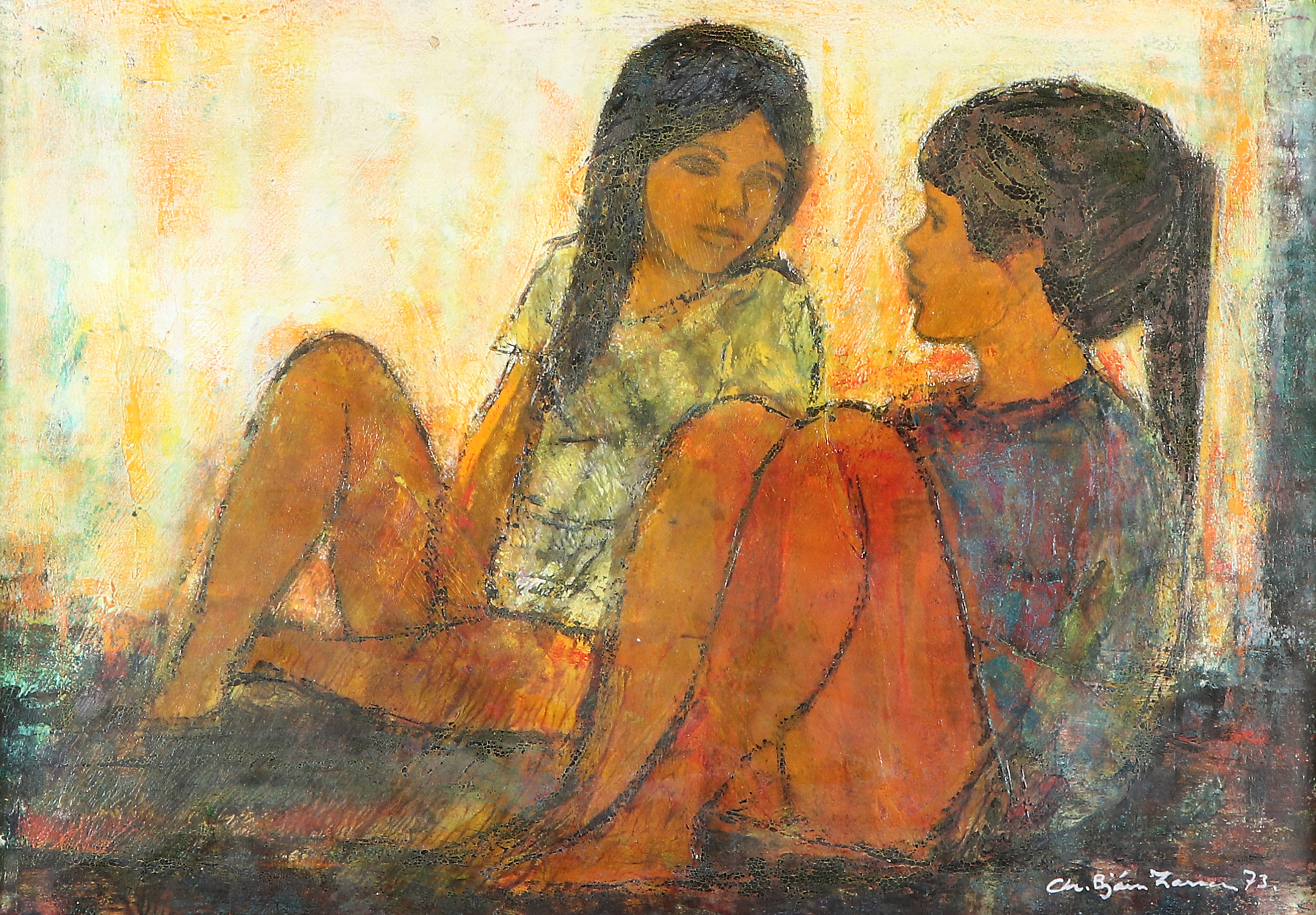 CHRISTIAN BJØRN LARSEN. Oljemålning på duk, satt mot pannå. Sittande flickor. Signerad och daterad 73.