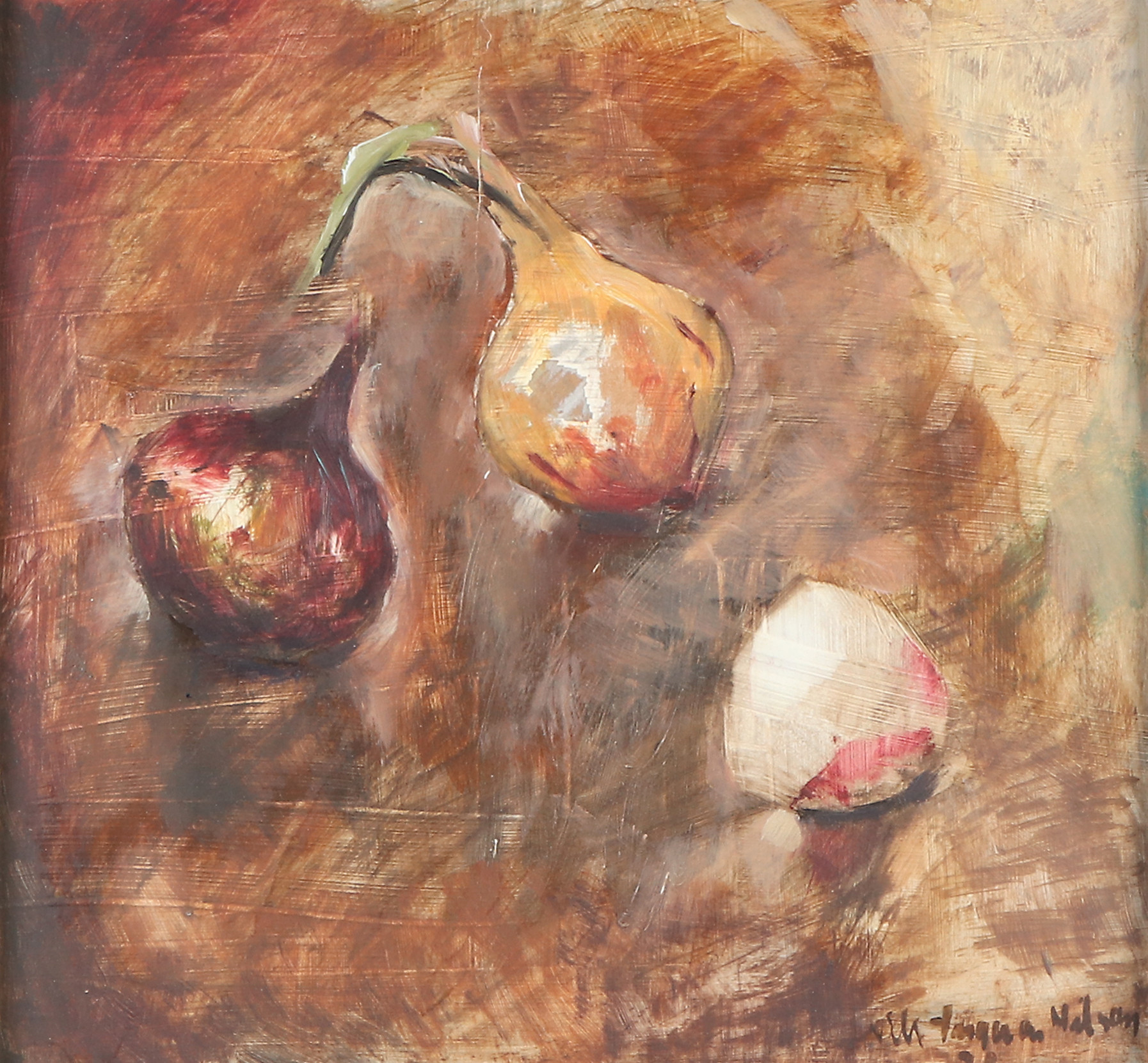 NILS INGVAR NILSSON. Oljemålning på pannå. Stilleben med lökar. Signerad och daterad 78.