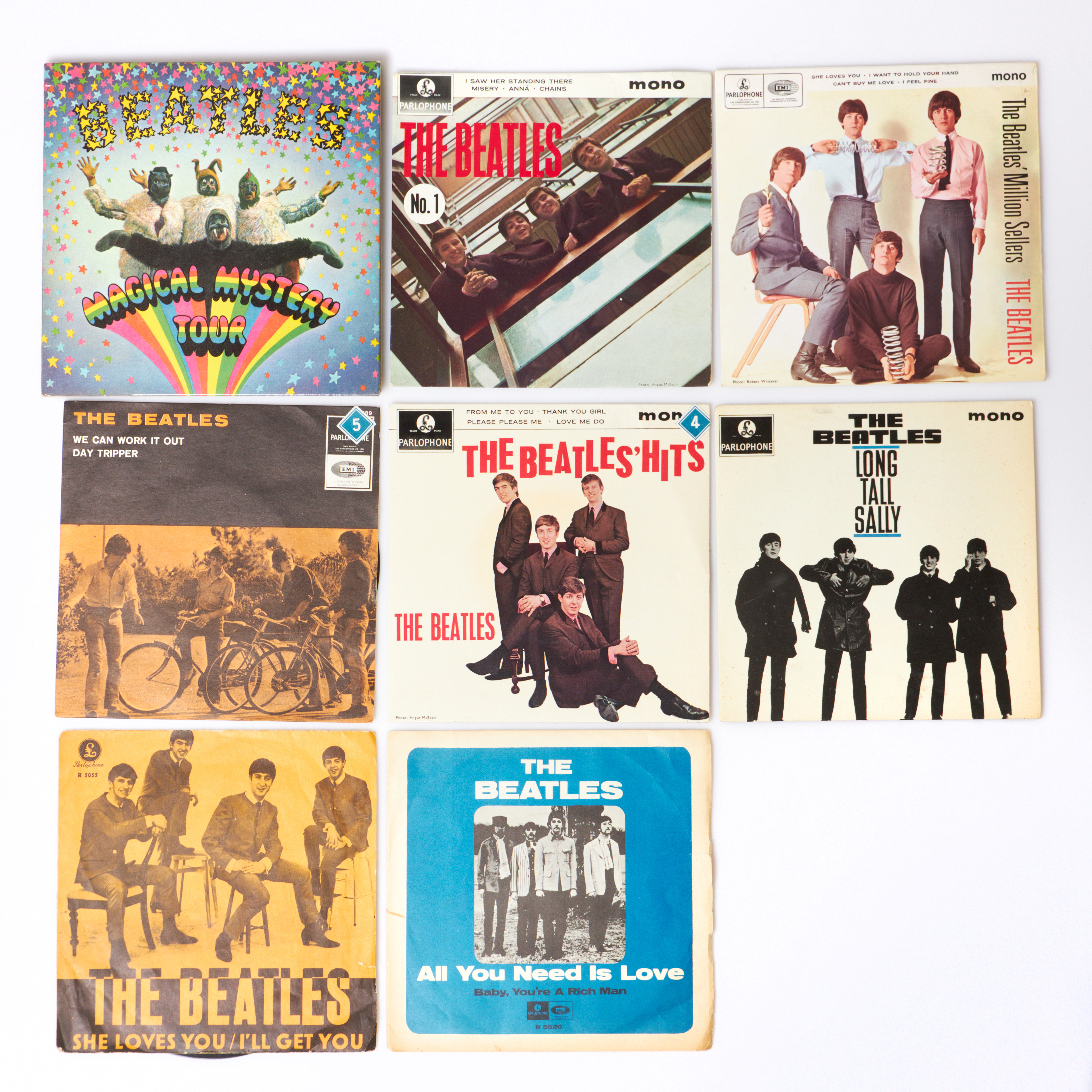 THE BEATLES, vinylsinglar, 8 st, 1960/1970-tal, Scaninavien/Sverige.