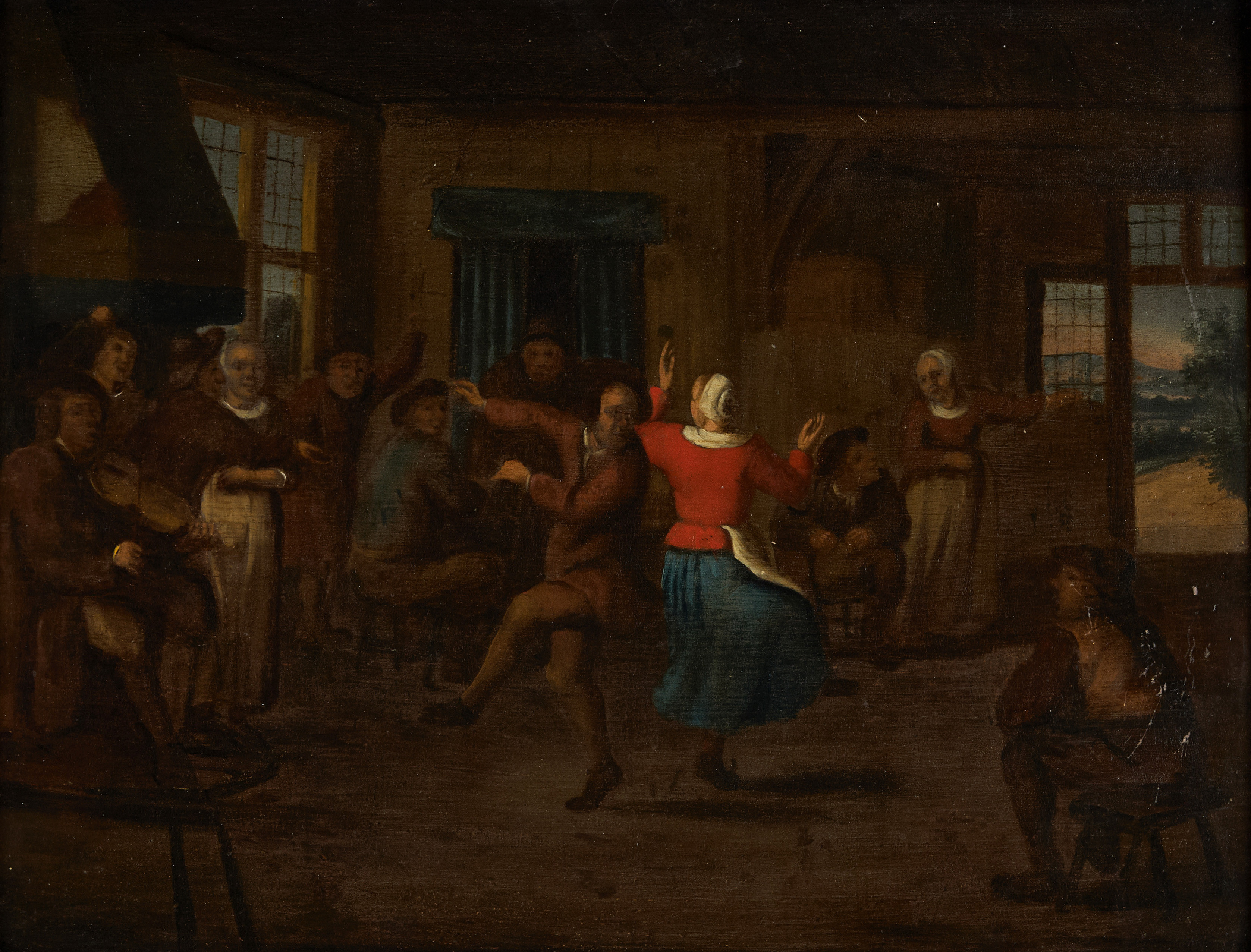 ADRIAEN VAN OSTADE. HANS EFTERFÖLJARE. Wärdshusscen med dansande bönder, olja på pannå.