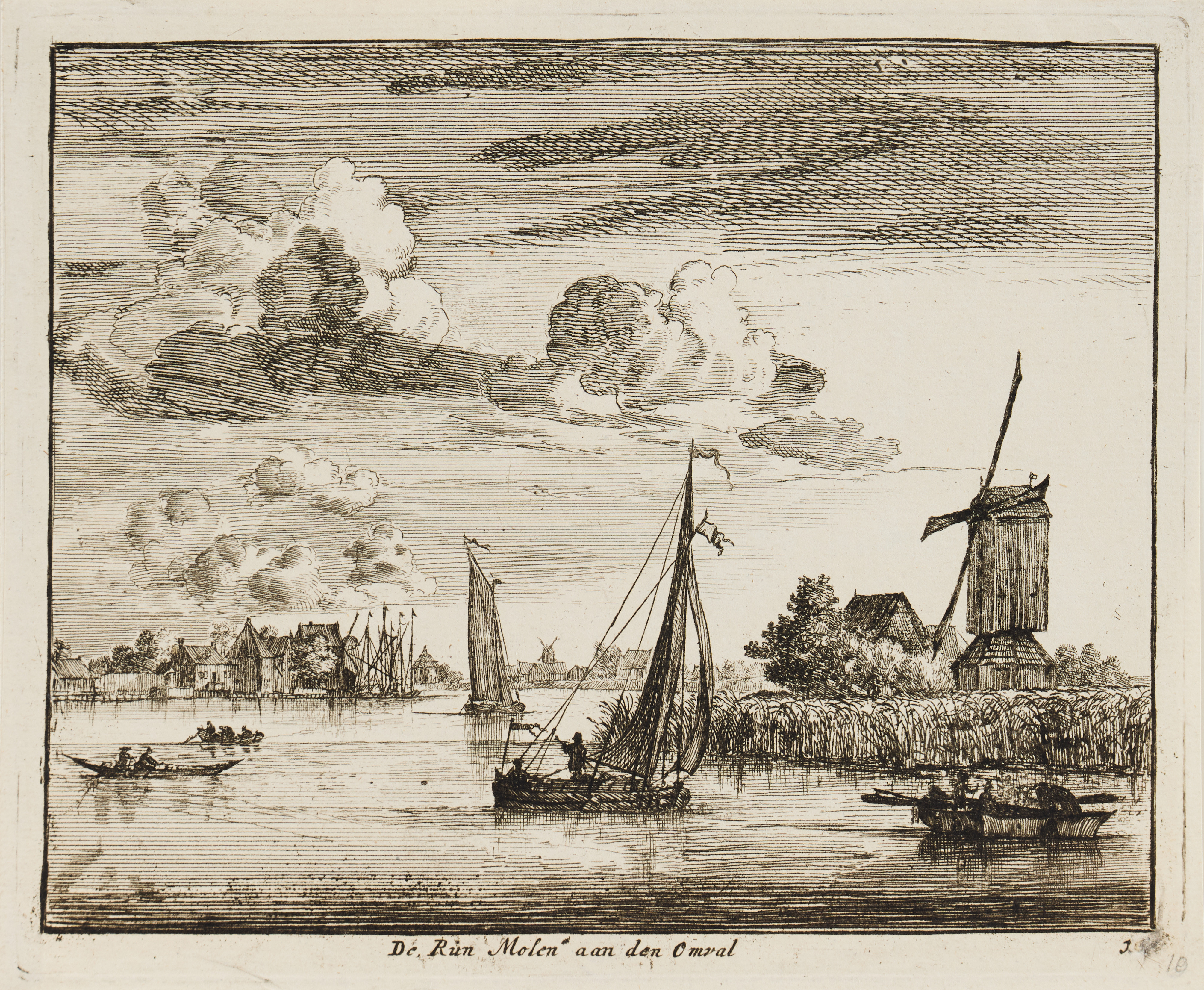 JAN VAN DER VINNE (THE NETHERLANDS 1663-1721). "The Bank Mill on the Omval, with Sailing Vessels".