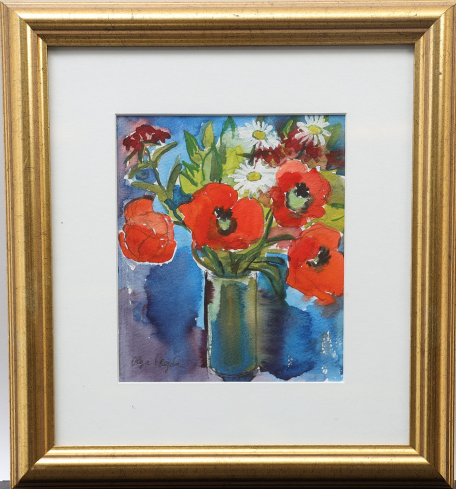 OLGA KREIDA. Motiv med blomster, akvarell, signerad.