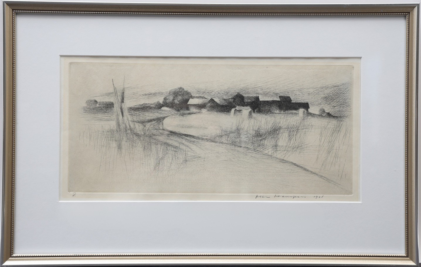 OLLE HANSPERS. Etsning, landskap med hus, signerad och daterad 1961.