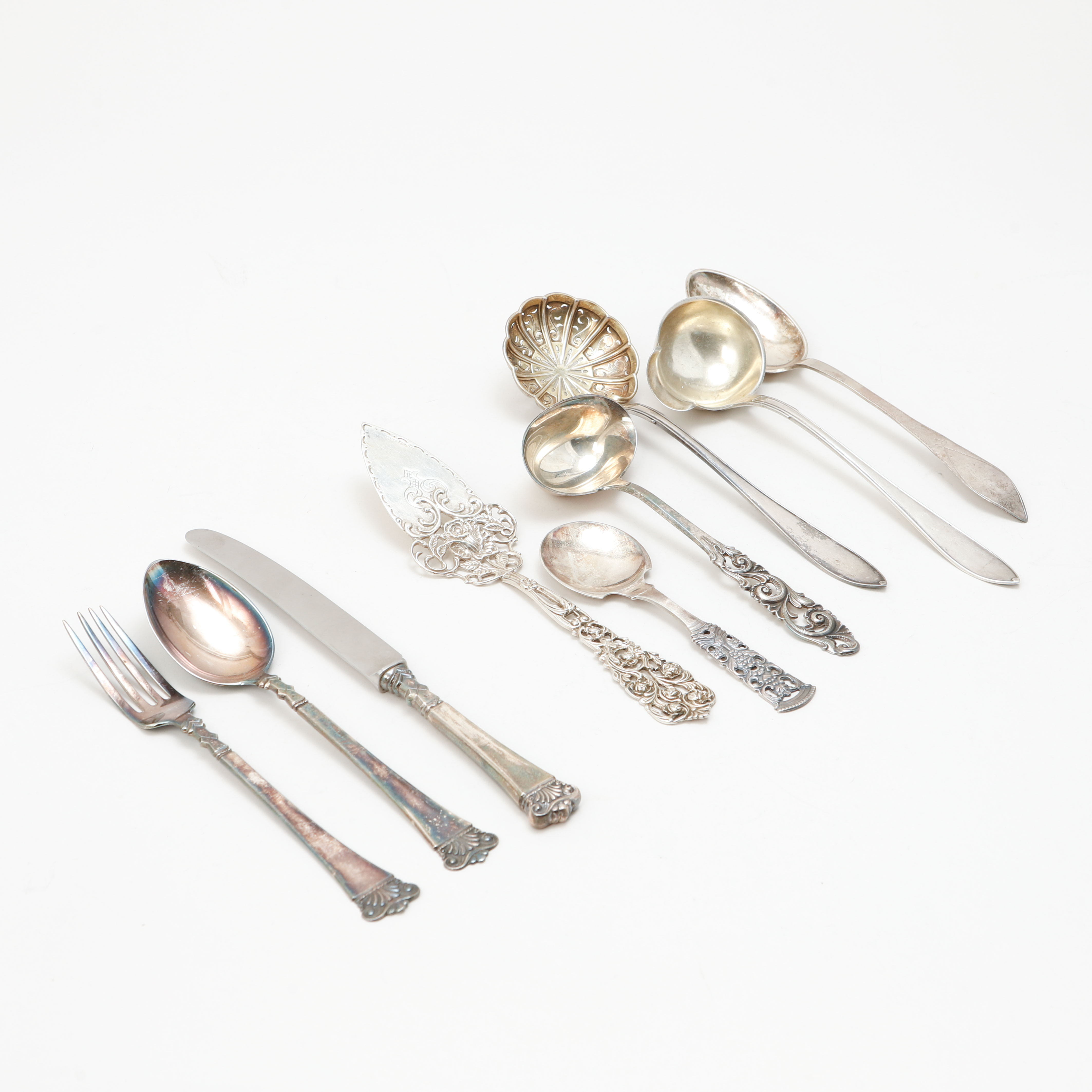 BESTICKSDELAR, 9 st, silver. Total vikt ca 395 gram.