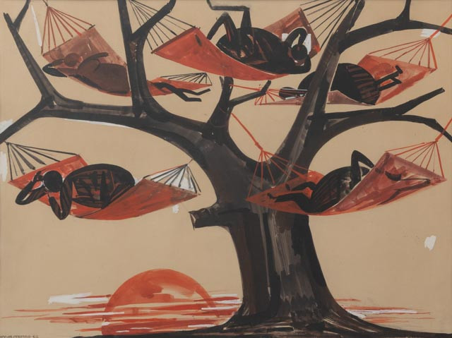 GUNNAR FRIEBERG (1927-2018). Vilandes i solstolar, blandteknik, signerad och daterad -62.