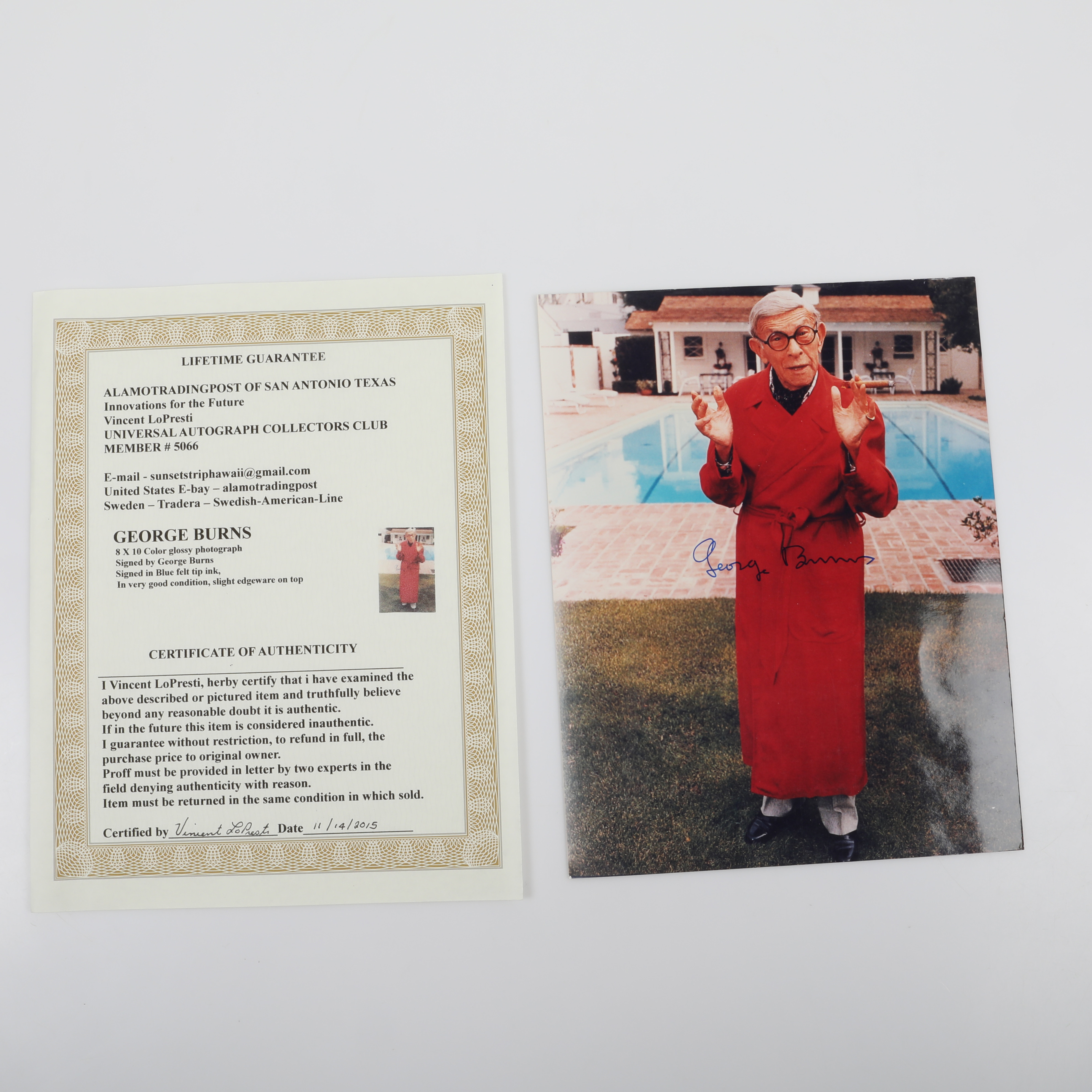 GEORGE BURNS (1896-1996). Autograf på foto, med certifikat, Amerikansk skådespelare, USA, 2015.