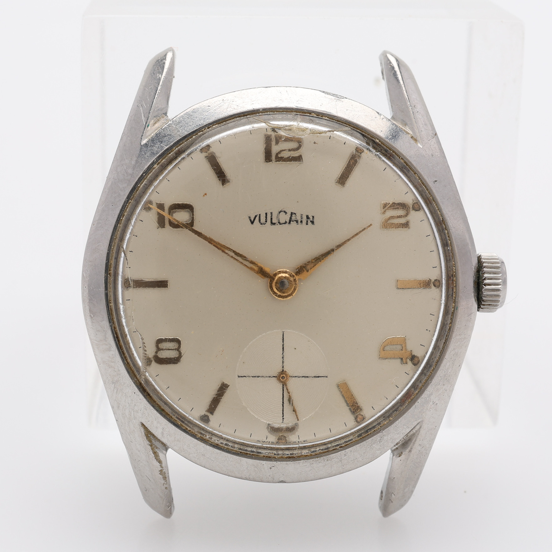 HERRARMBANDSUR, VULCAIN, stålboett, manuellt uppdrag med separat sekundvisning. 1950-tal.