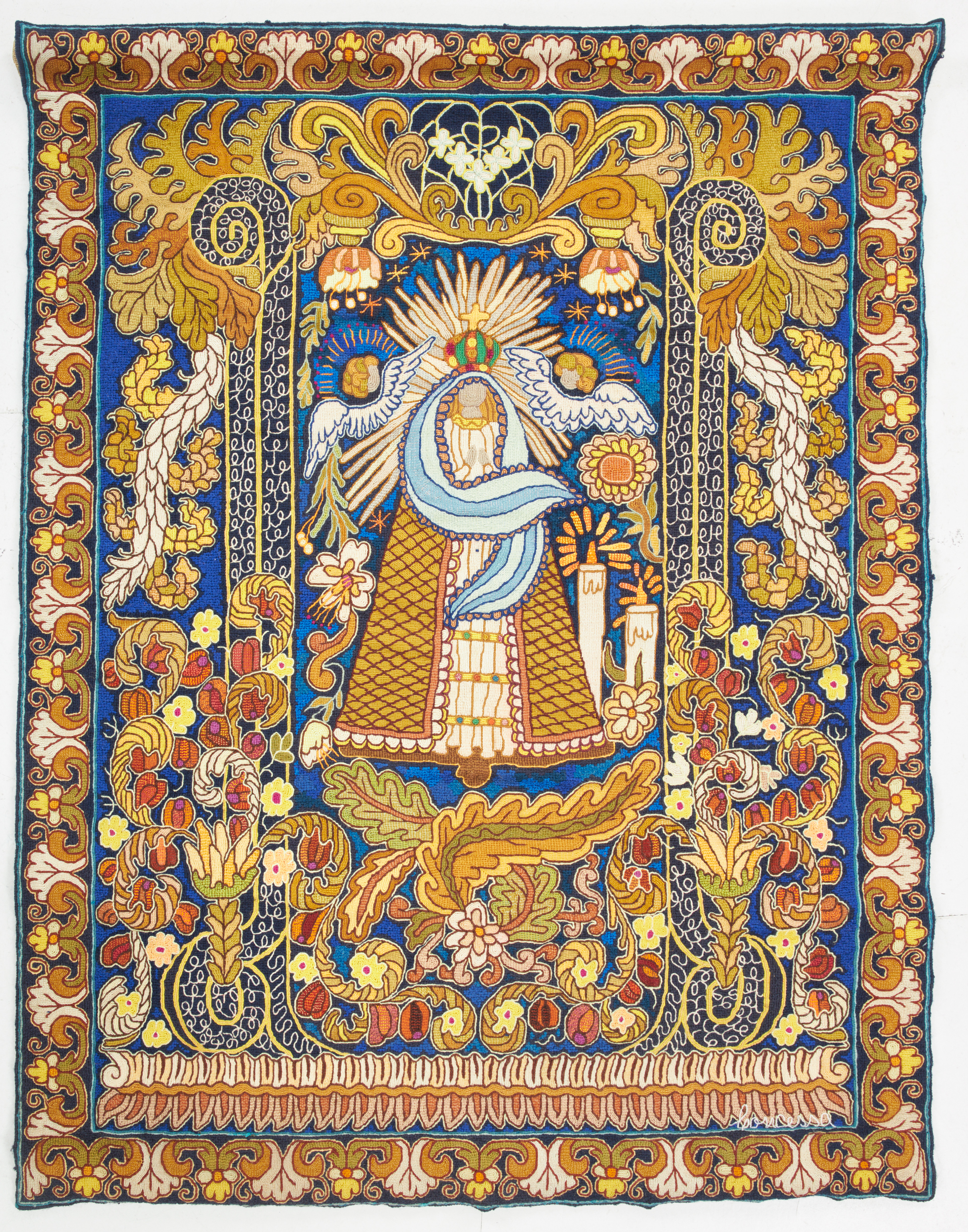 CONCESSA COLAÇO (PORTUGAL-BRAZILIEN, 1929-). "Nossa Sen Hora Da Alegeria", vävnad, ull, monterad på juteväv, 1900-talets andra hälft, signerad Conessa.