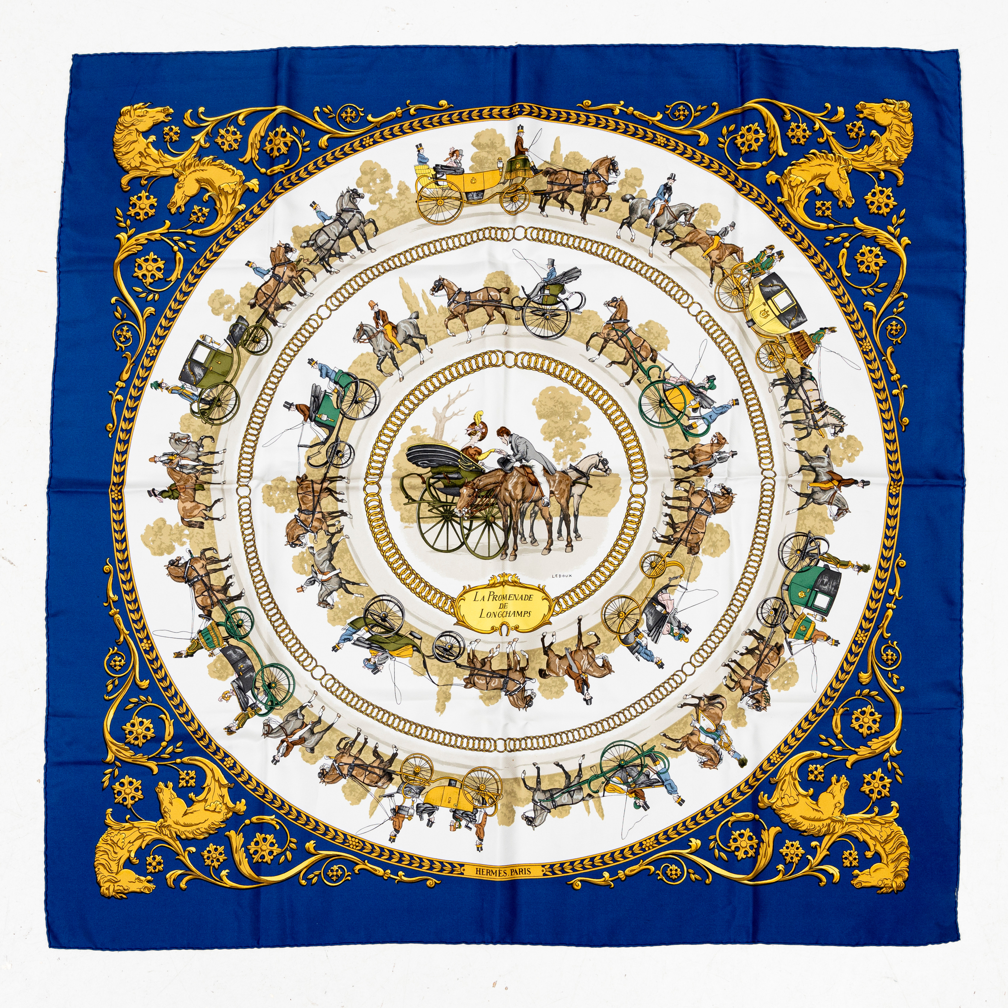 HERMÈS. Scarf, siden, "La Promenade de Longchamps", design Philippe Ledoux 1966.