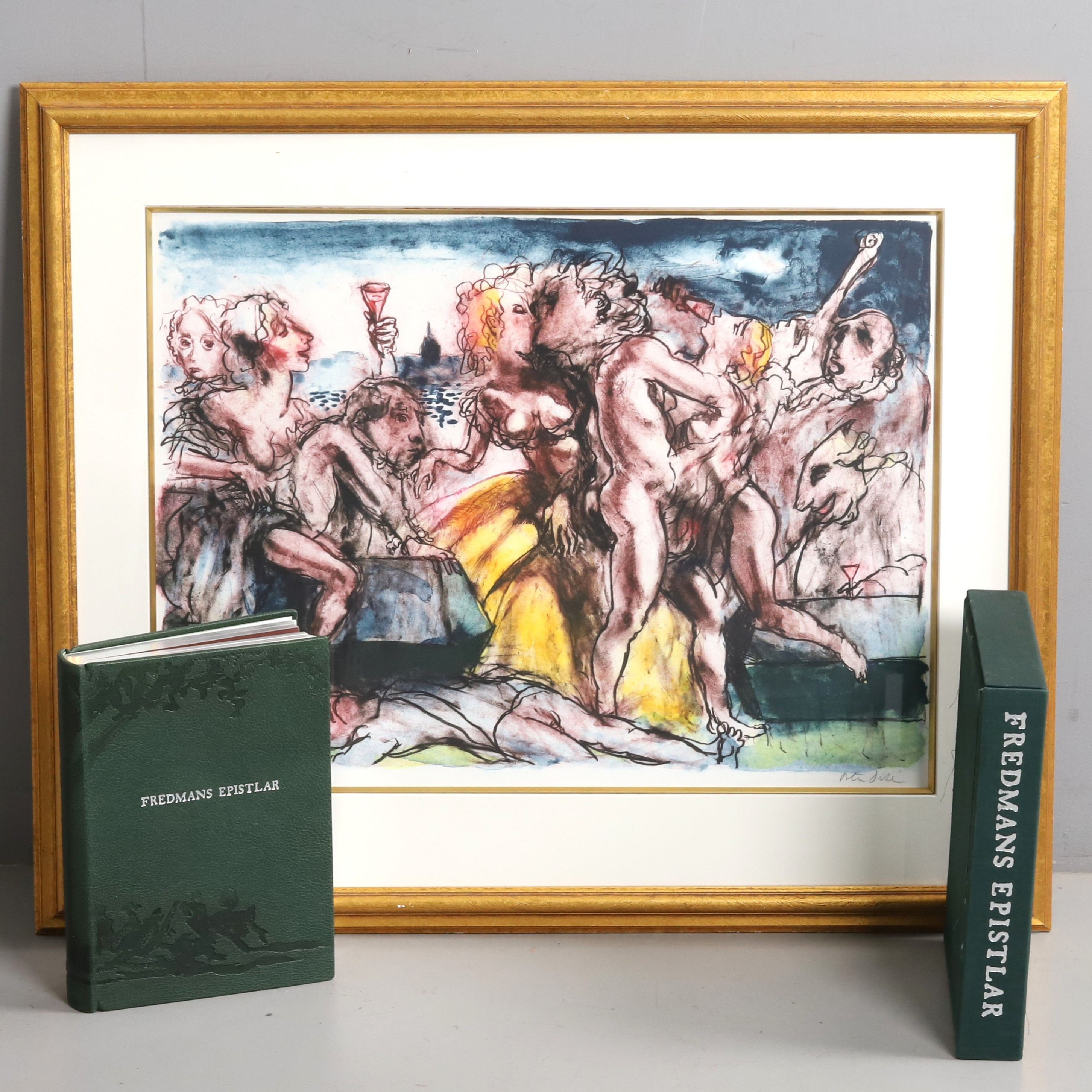 PETER DAHL. Färglitografi "Fredmans Epistlar", samt tillhörande bibliofilupplaga, Nr 223/350, signerad.