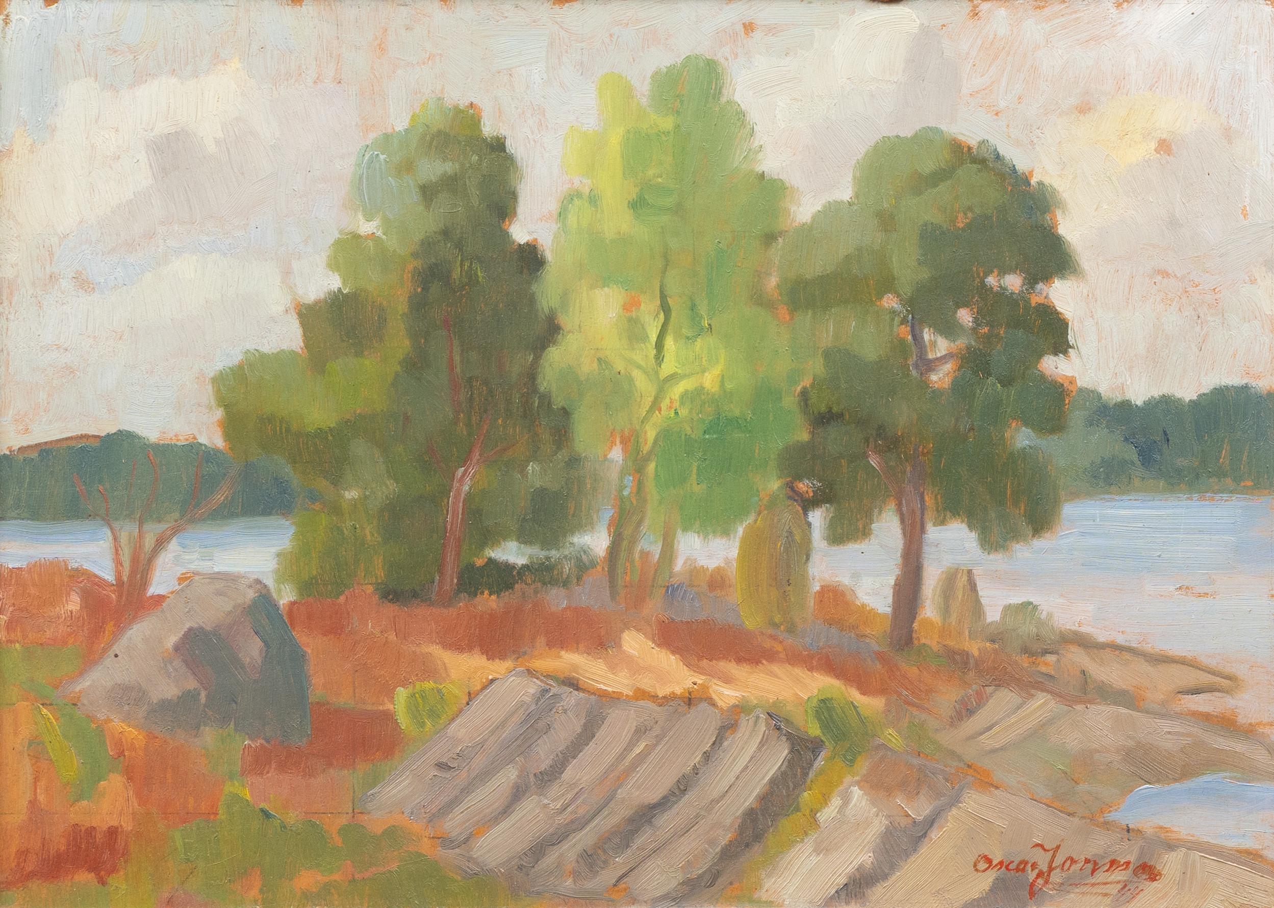 OSKAR JONSSON. "Träd på udde", olja på pannå, signerad.