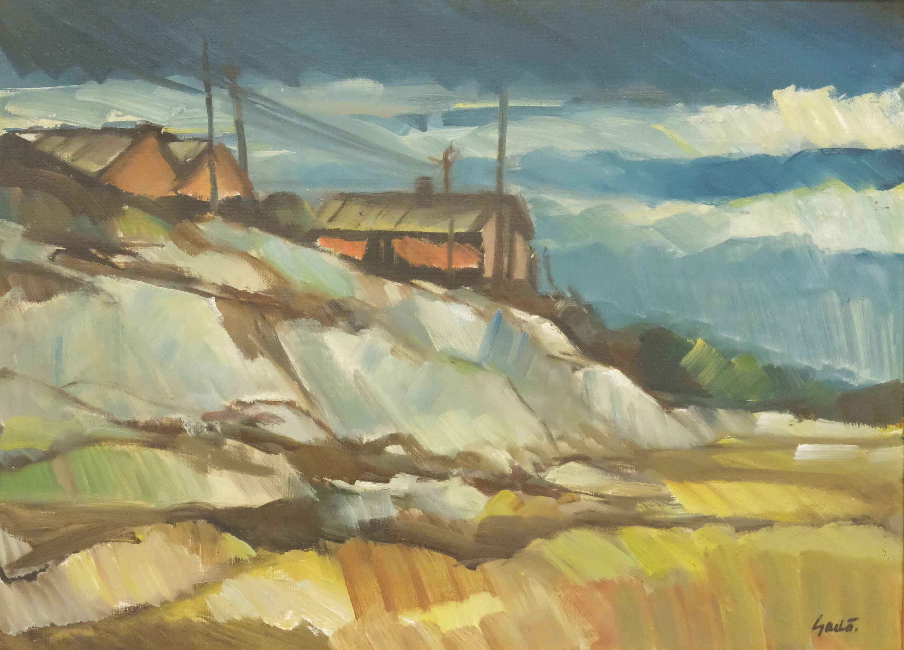 BERTIL GADÖ. LANDSKAP MED BODAR, OLJA PÅ DUK.