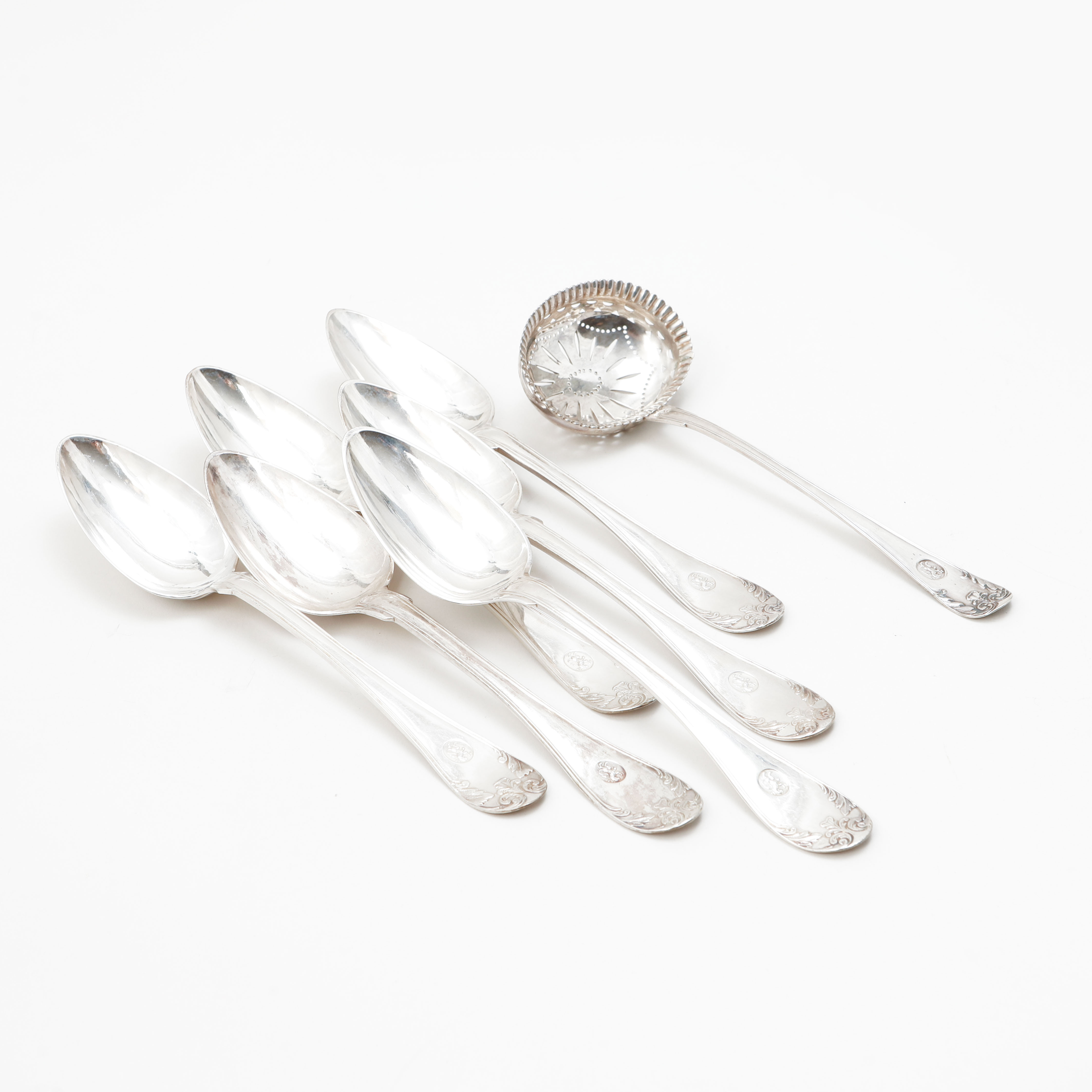 STRÖSKED samt MATSKEDAR, 6 st, silver, "Gammal Fransk", bl.a Adolf Zethelius, Stockholm och Göteborg, 1815-39.