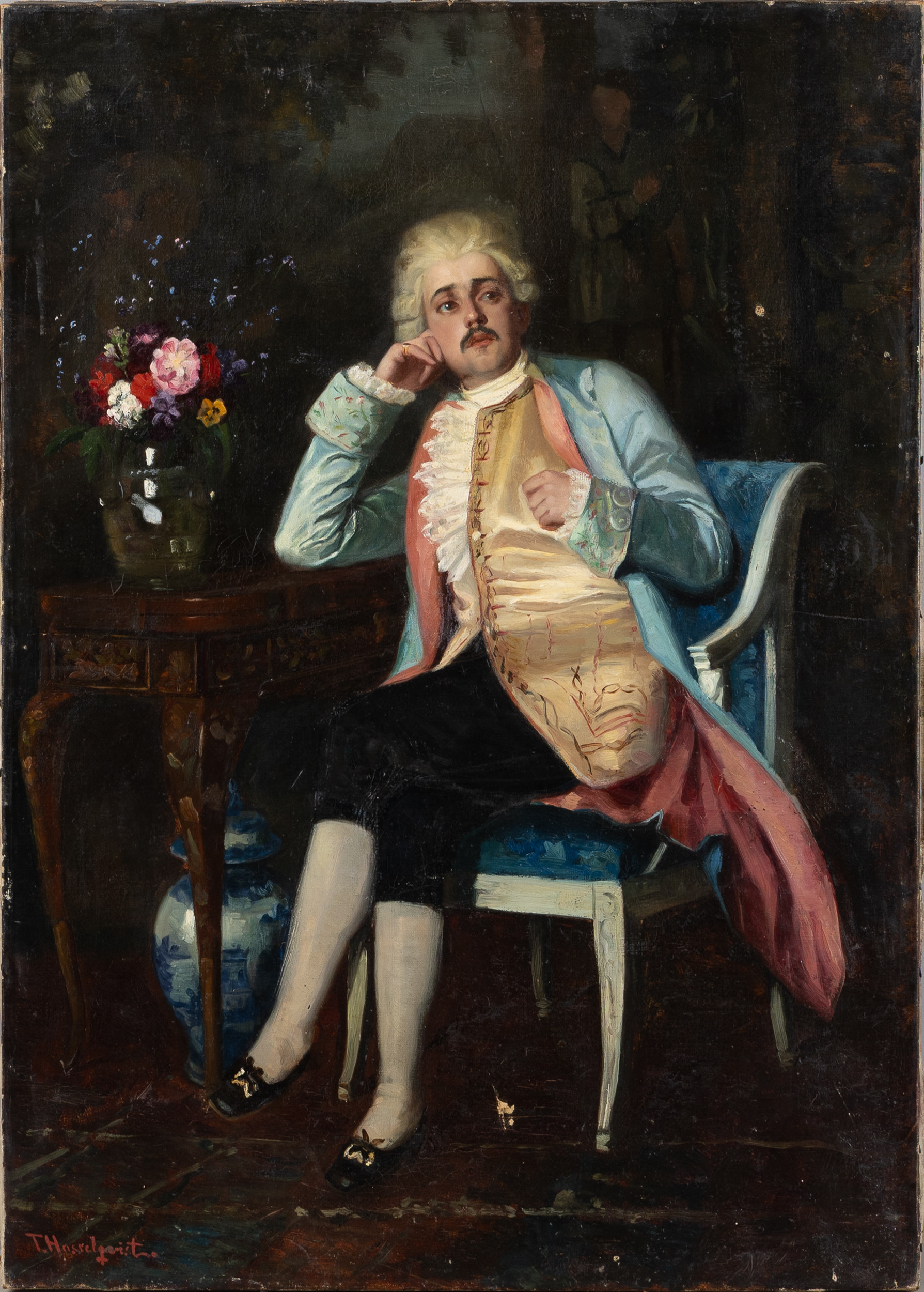 OIDENTIFIERAD KONSTNÄR. Olja på duk, herre i rokokodräkt, signerad T Hasselquist, 1800/1900-tal.