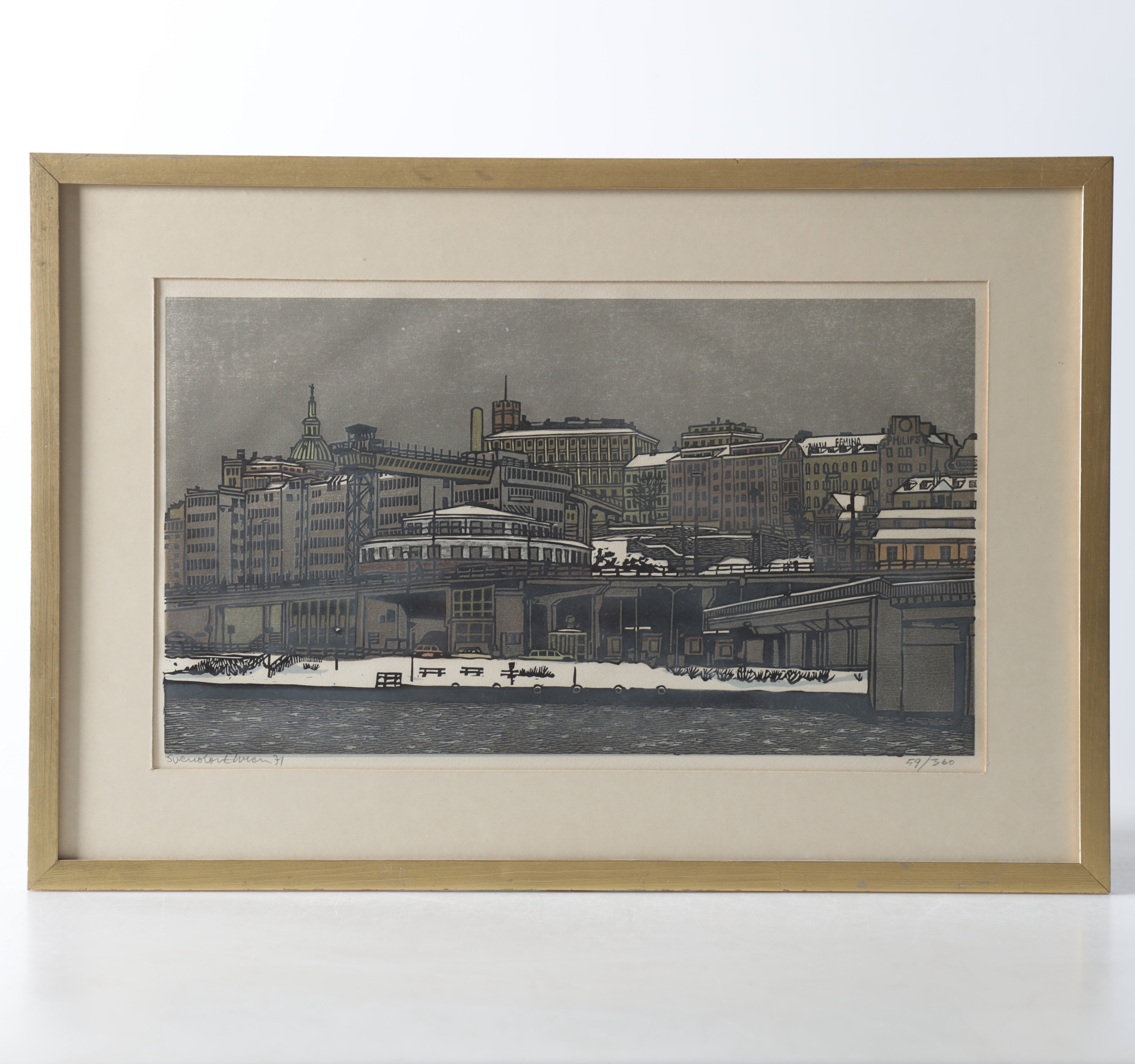 SVENOLOV EHRÉN. Slussen, träsnitt, signerad, daterad -71 samt numrerad 59/360.