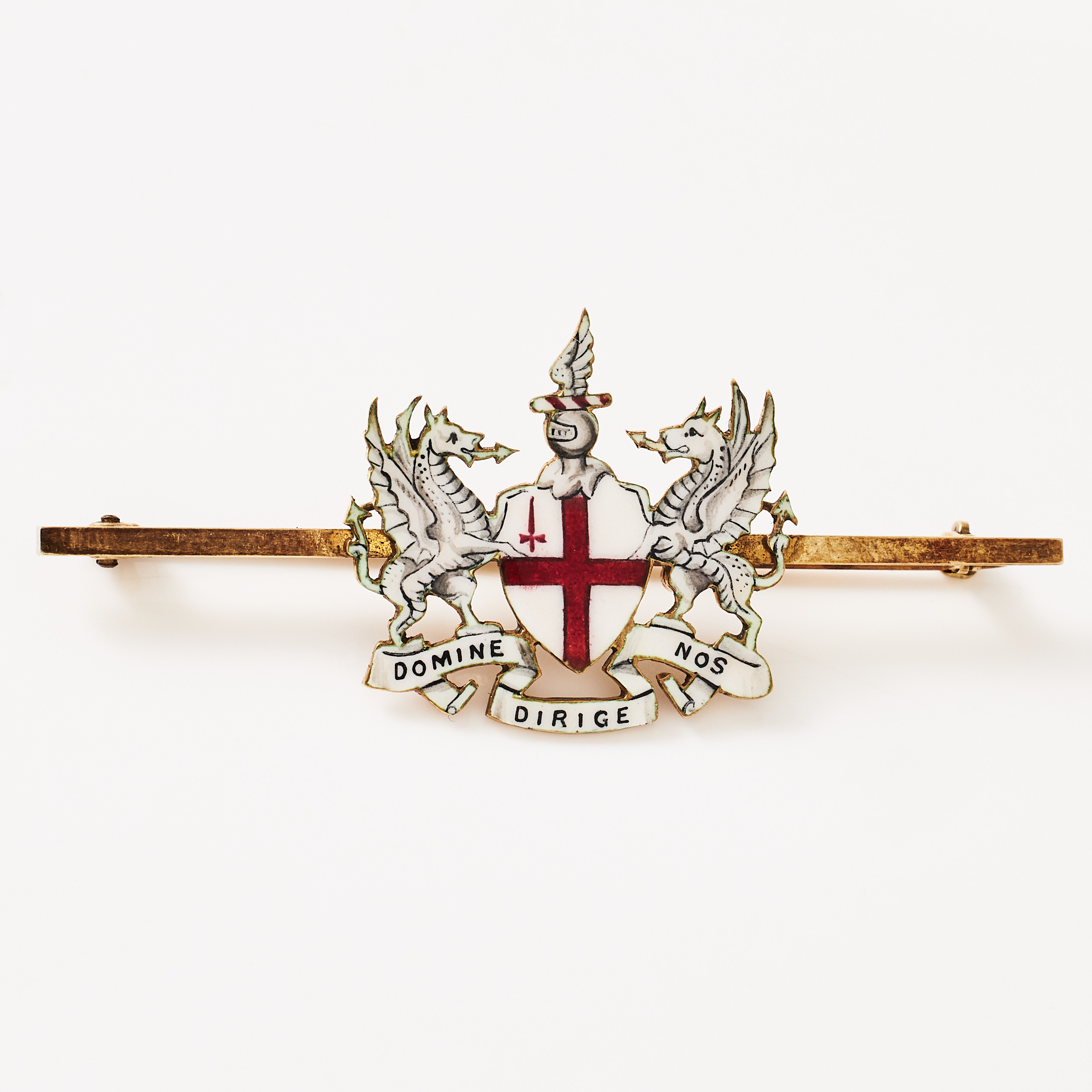 BROSCHNÅL, "City of London Coat of Arms Brooch", 15 k guld, emaljdekor med text: Domine Dirige Nos (Herre, led oss).