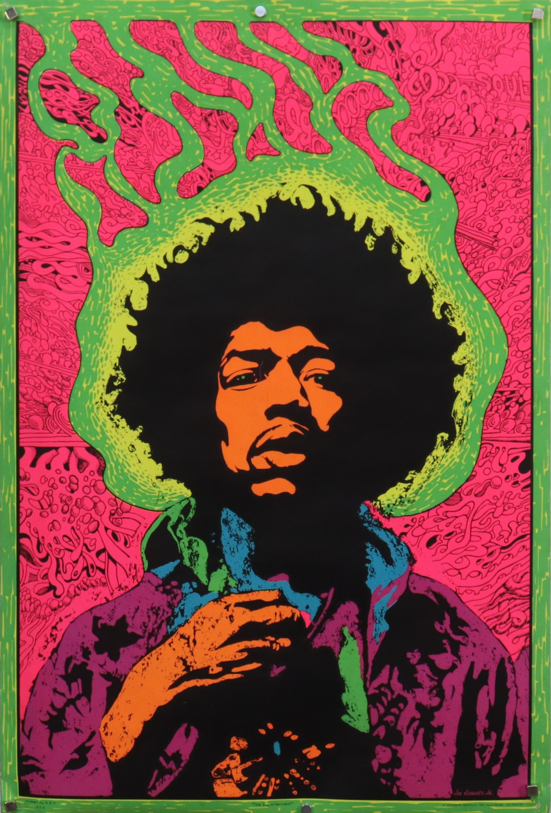 PSYKADELISK AFFISCH, Jimi Hendrix, "The Experienced", Joe Roberts Jr, tryck med uv-reaktiva färger (blacklight), Cocorico Graphics, sent 1960-tal.