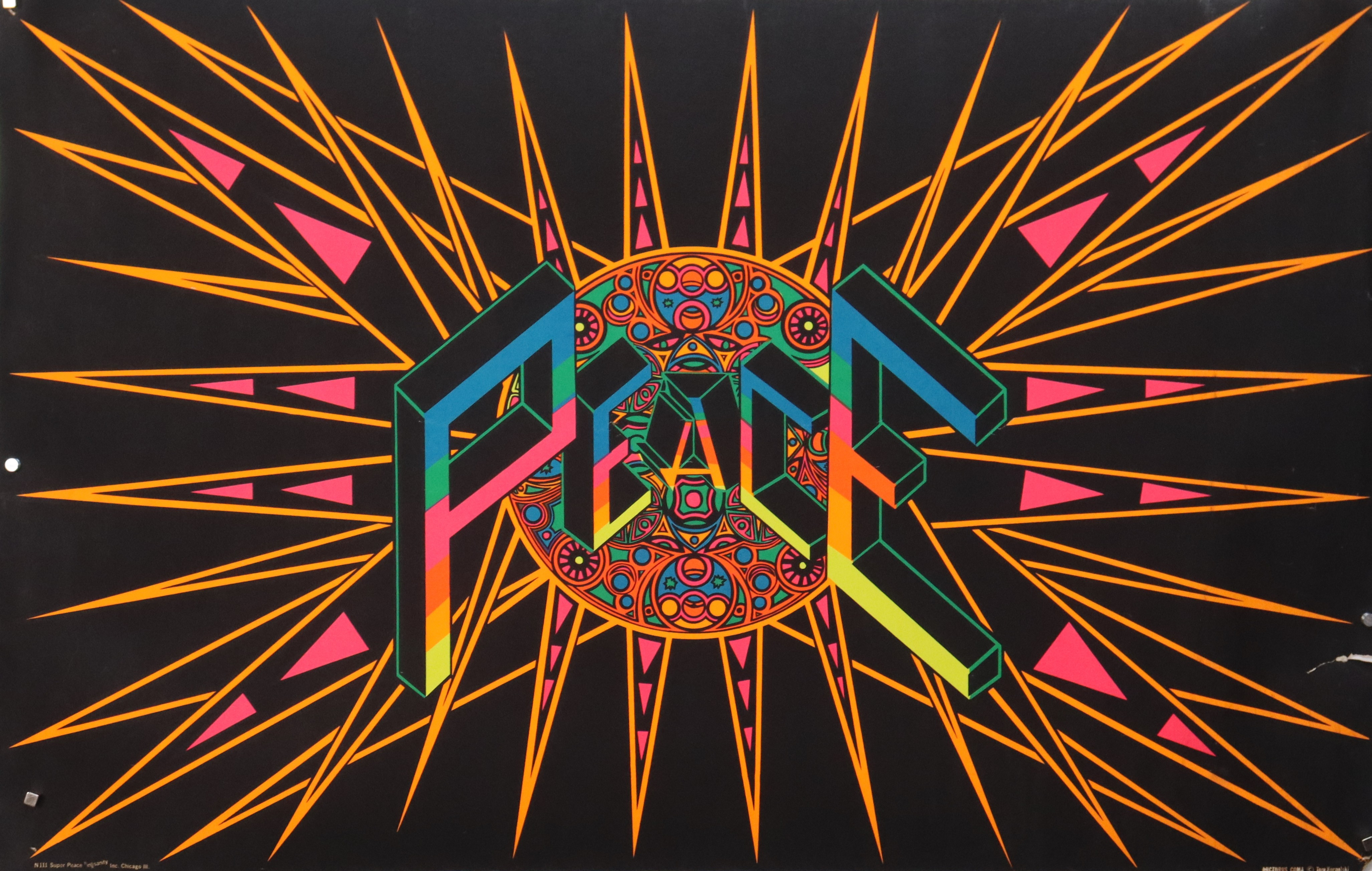 PSYKADELISK AFFISCH, Tom Korpalski, "Arcturus Coma" N111 Super Peace IIinIIsanity inc, Chicago III, tryck med uv-reaktiva färger (blacklight), 1970-tal.