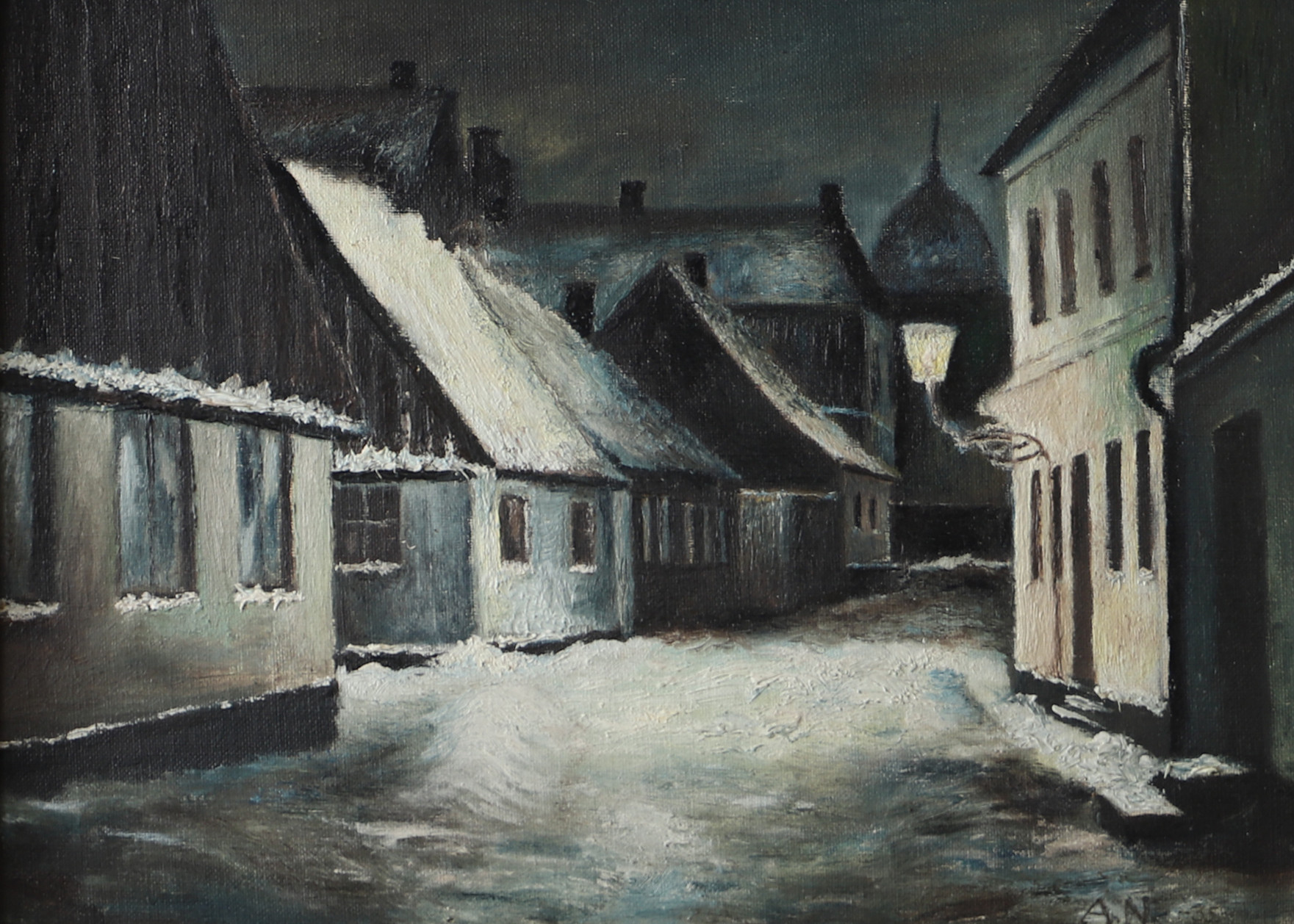 OIDENTIFIERAD KONSTNÄR. Teatergränd Ystad, olja på pannå, signerad A.N.