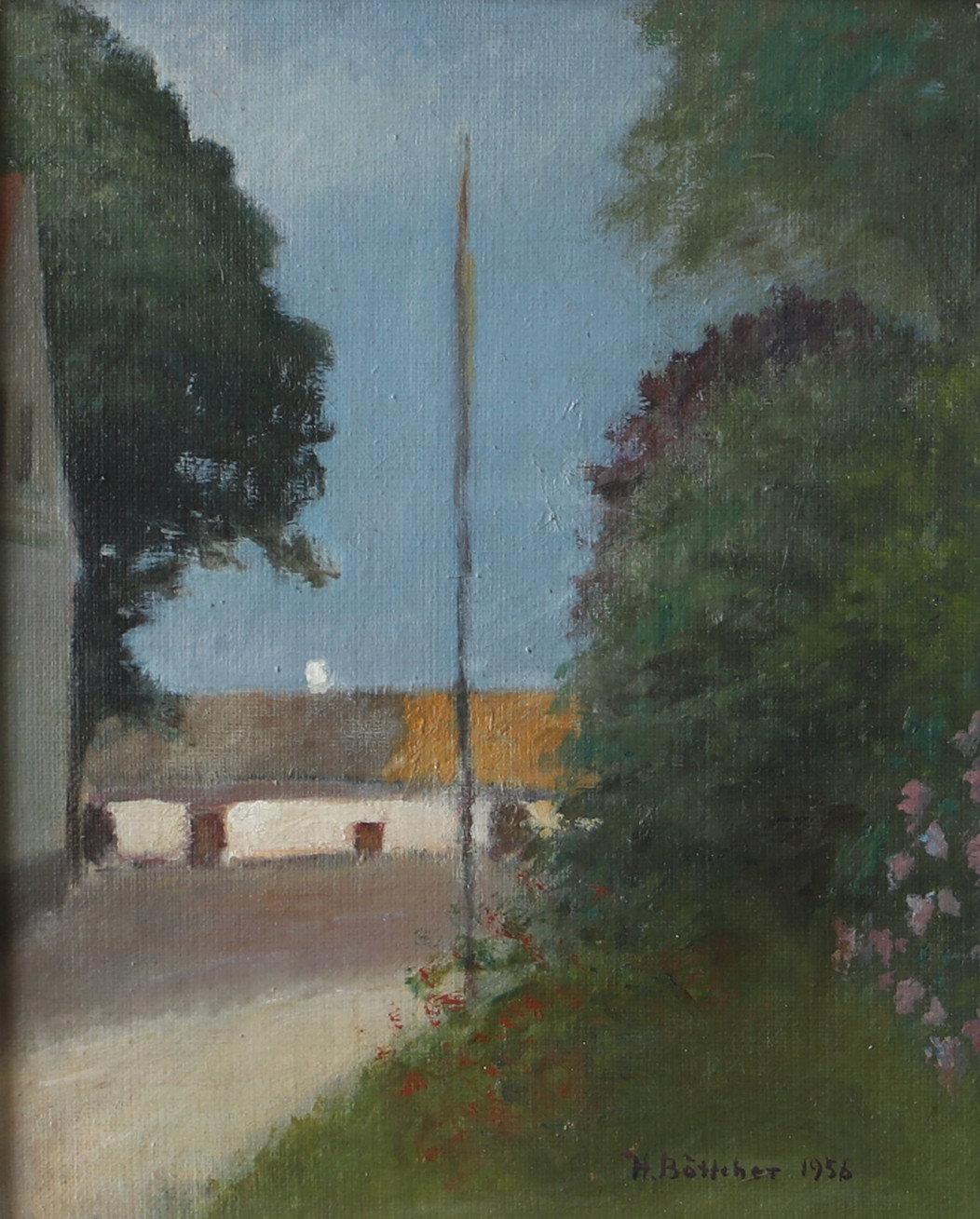 HELGE BÖTTCHER. Landskap med hus, olja på pannå, signerad H. Böttcher 1956.