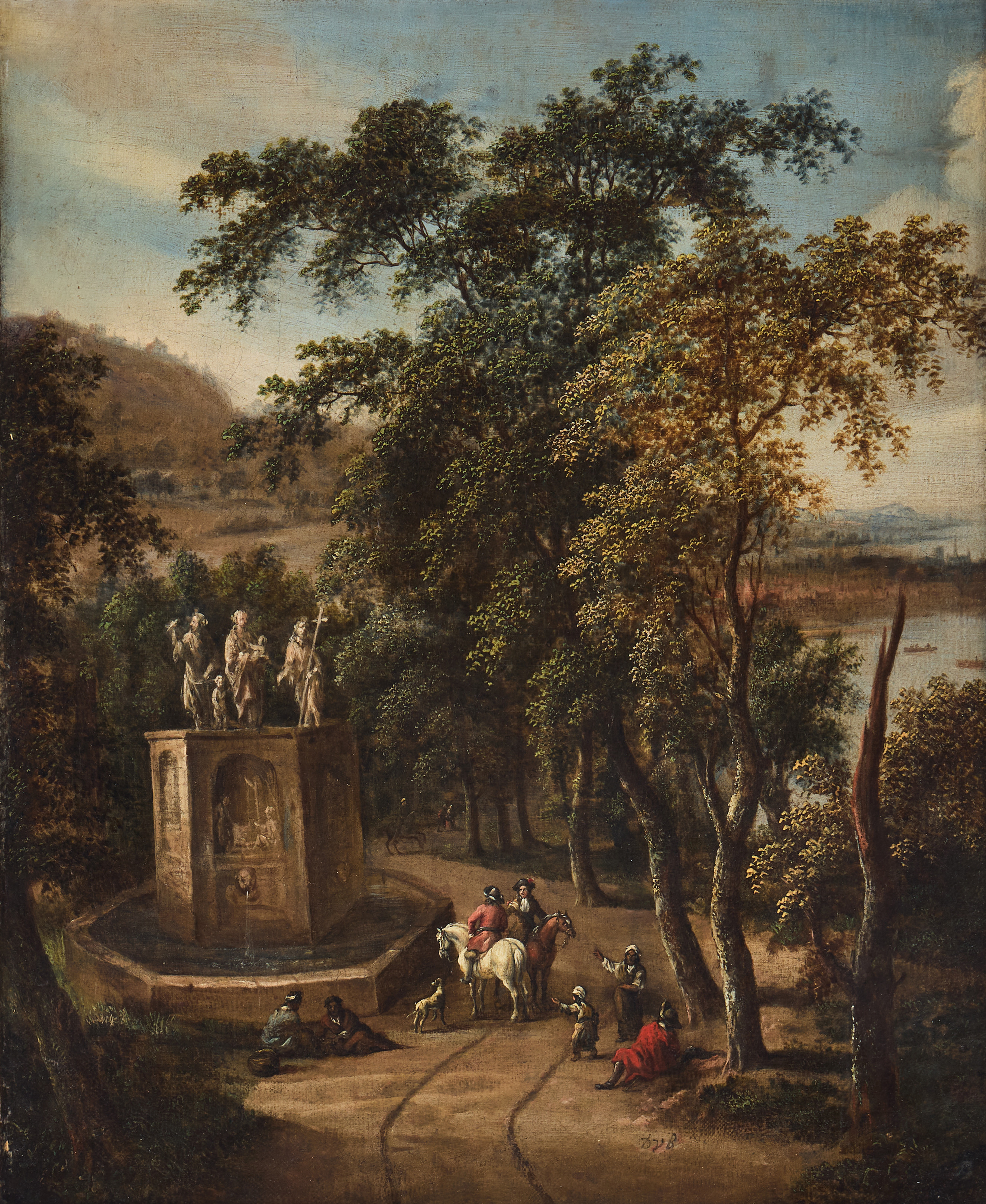 DIONYS VERBURG (ROTTERDAM 1636-1722). Wooded landscape with horsemen by a fountain.