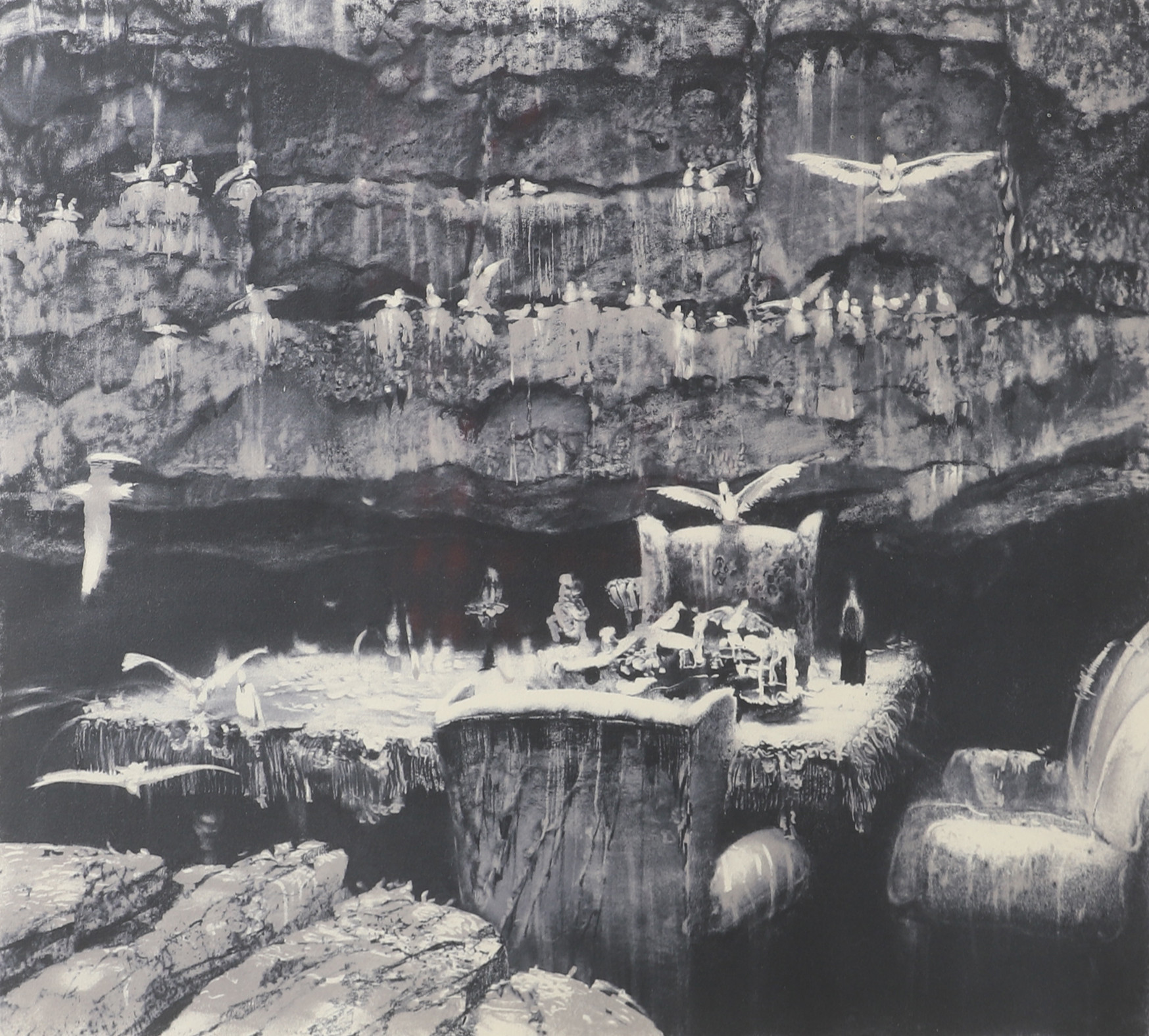 ROJ FRIBERG. Komposition med fåglar, litografi, monogramsignerad.