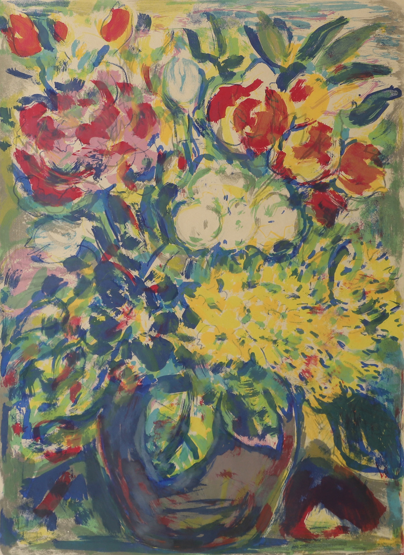 ALBIN AMELIN. Blommor i vas, färglitografi, signerad Amelin.