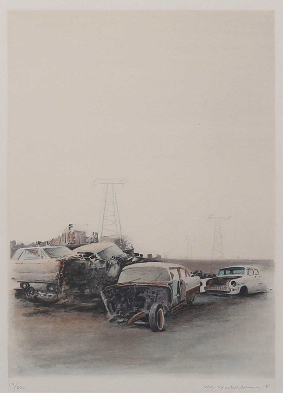 ULF WAHLBERG. Skrotbilar. Färglitografi, signerad och numrerad 19/200, daterad -81.