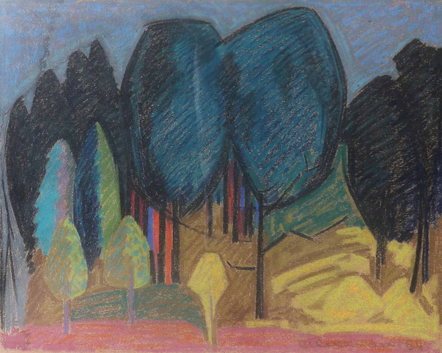 OIDENTIFIERAD KONSTNÄR. Stiliserade träd, pastell, signerad Alexander samt daterad -54.