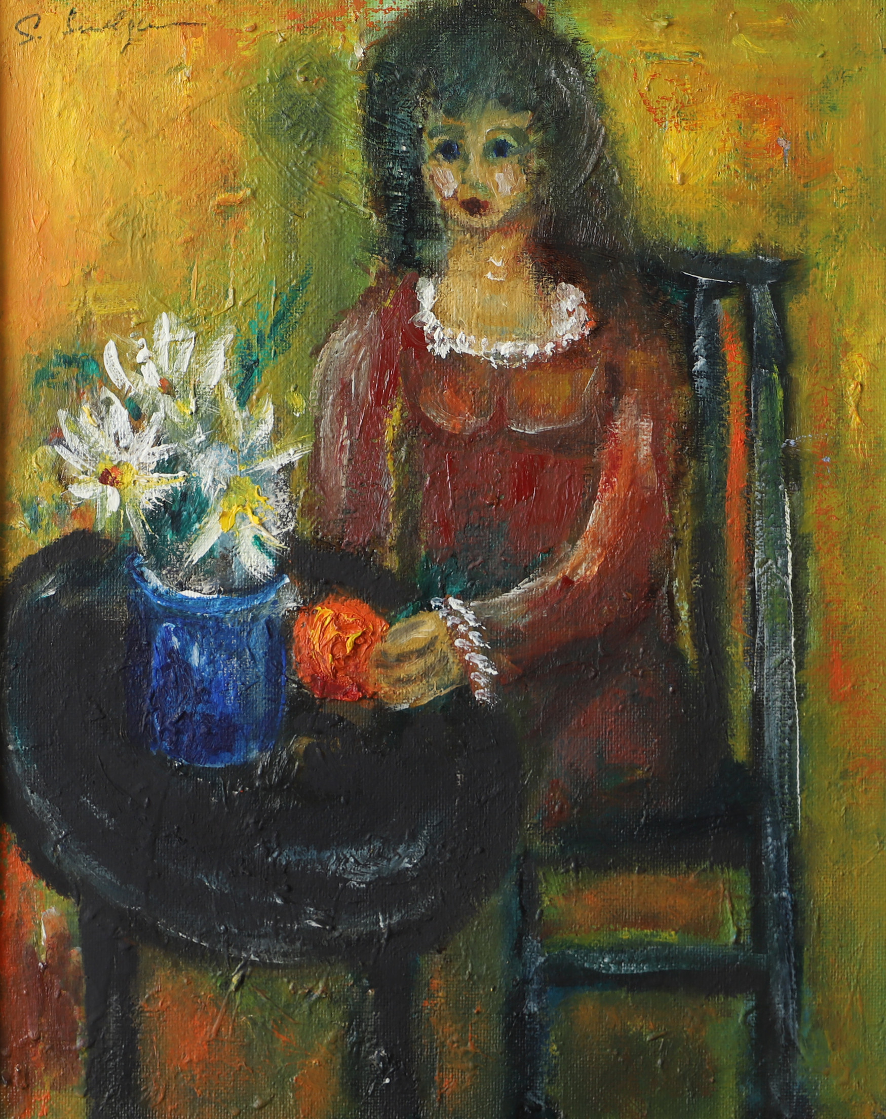 OIDENTIFIERAD KONSTNÄR. Flicka med apelsin, olja på pannå, otydligt signerad.