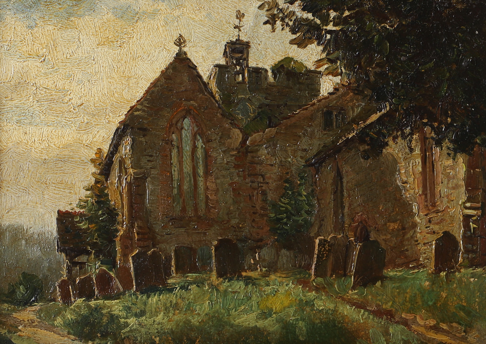 OLIVER BAKER. Kyrka, olja på pannå, osignerad.