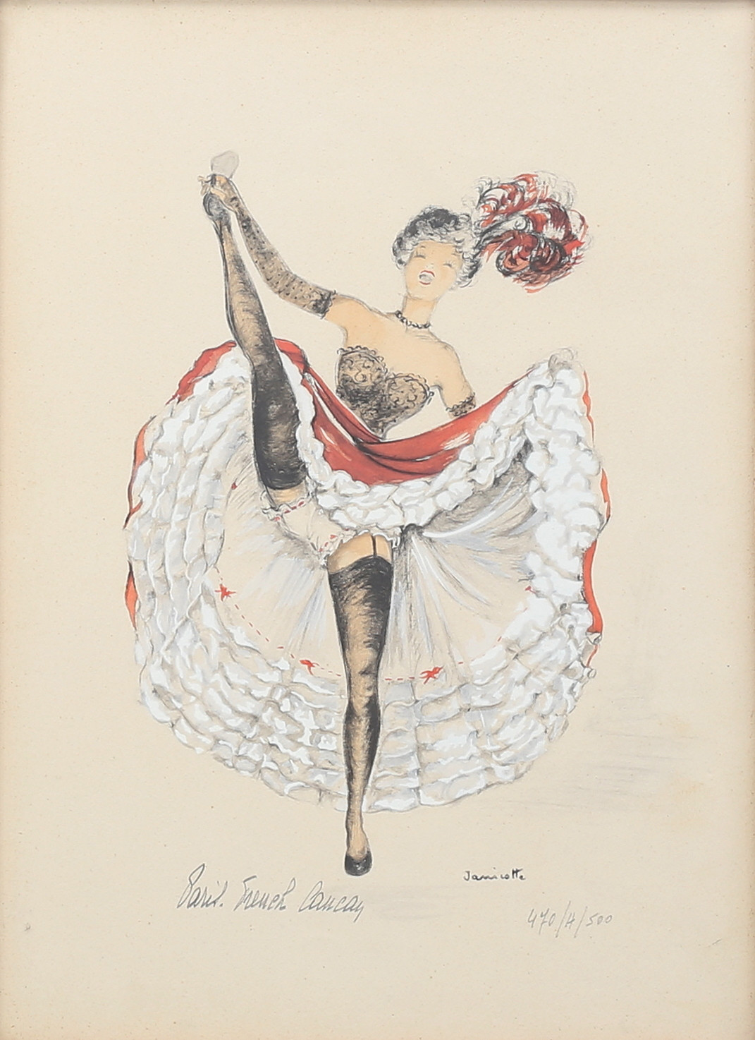 OIDENTIFIERAD KONSTNÄR. Cancan-dansös. Färglitografi, signerad Janicotte, numrerad 470/500.