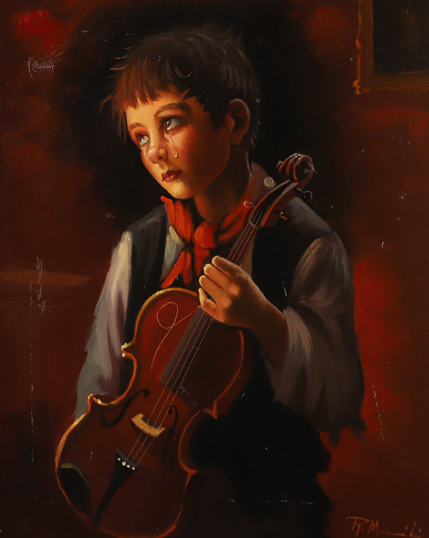 OIDENTIFIERAD KONSTNÄR. Pojke med fiol, olja på duk, otydligt signerad.